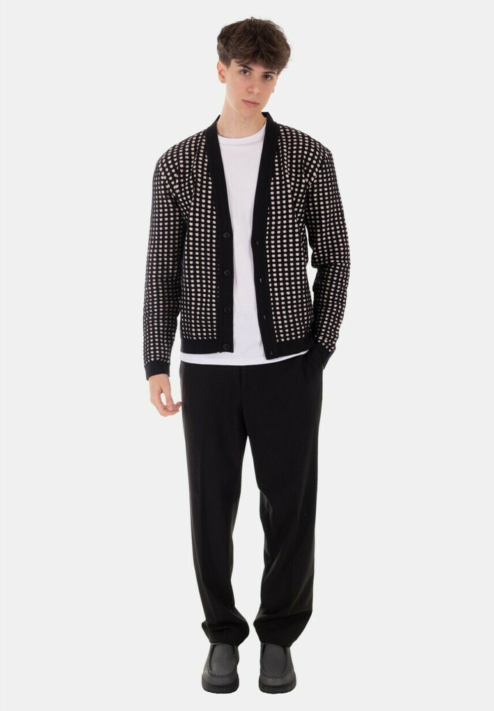 Cardigan Fit.Boxy Tessuto Maglia Nero Panna