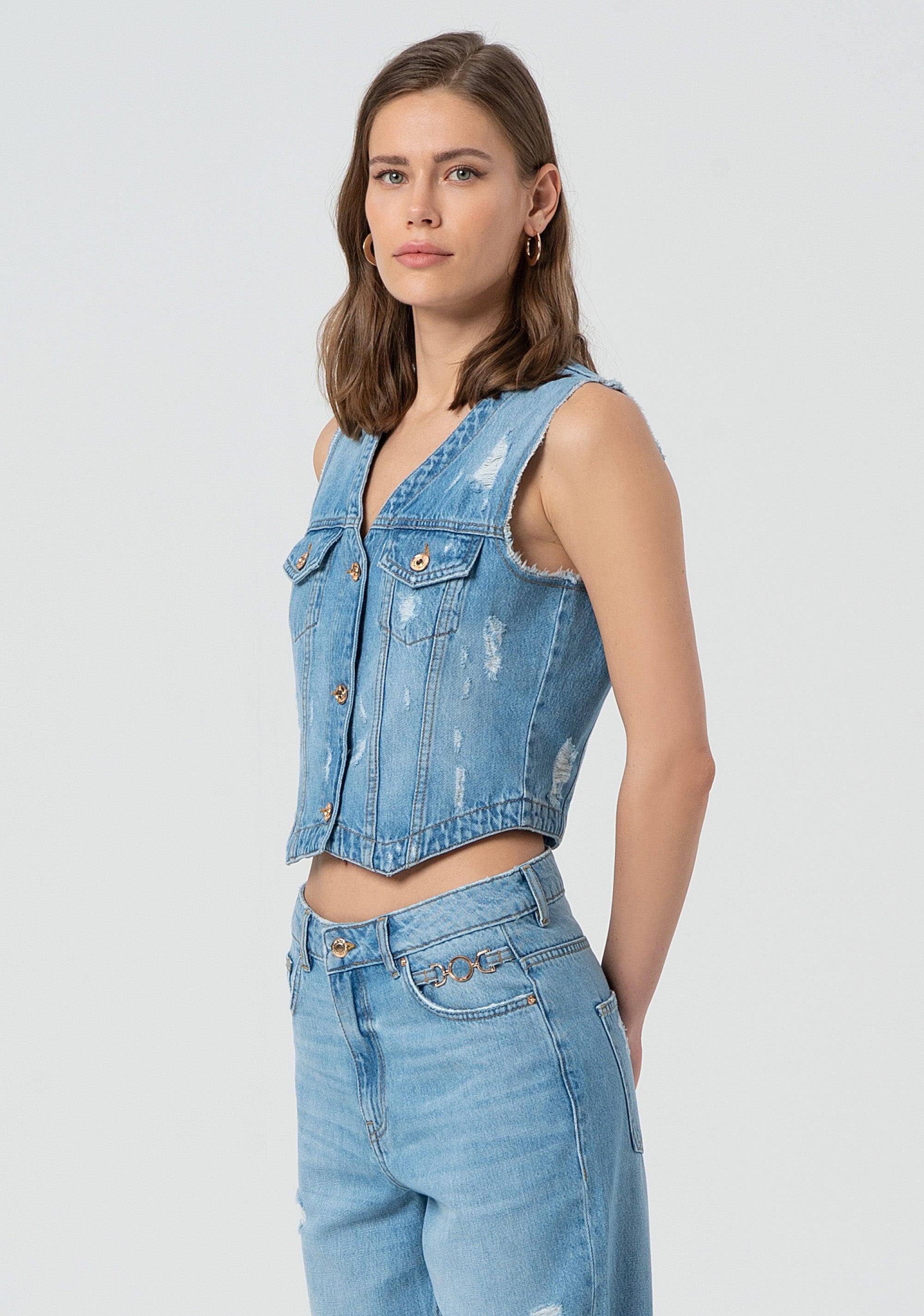 Gilet regular in denim con lavaggio bleached