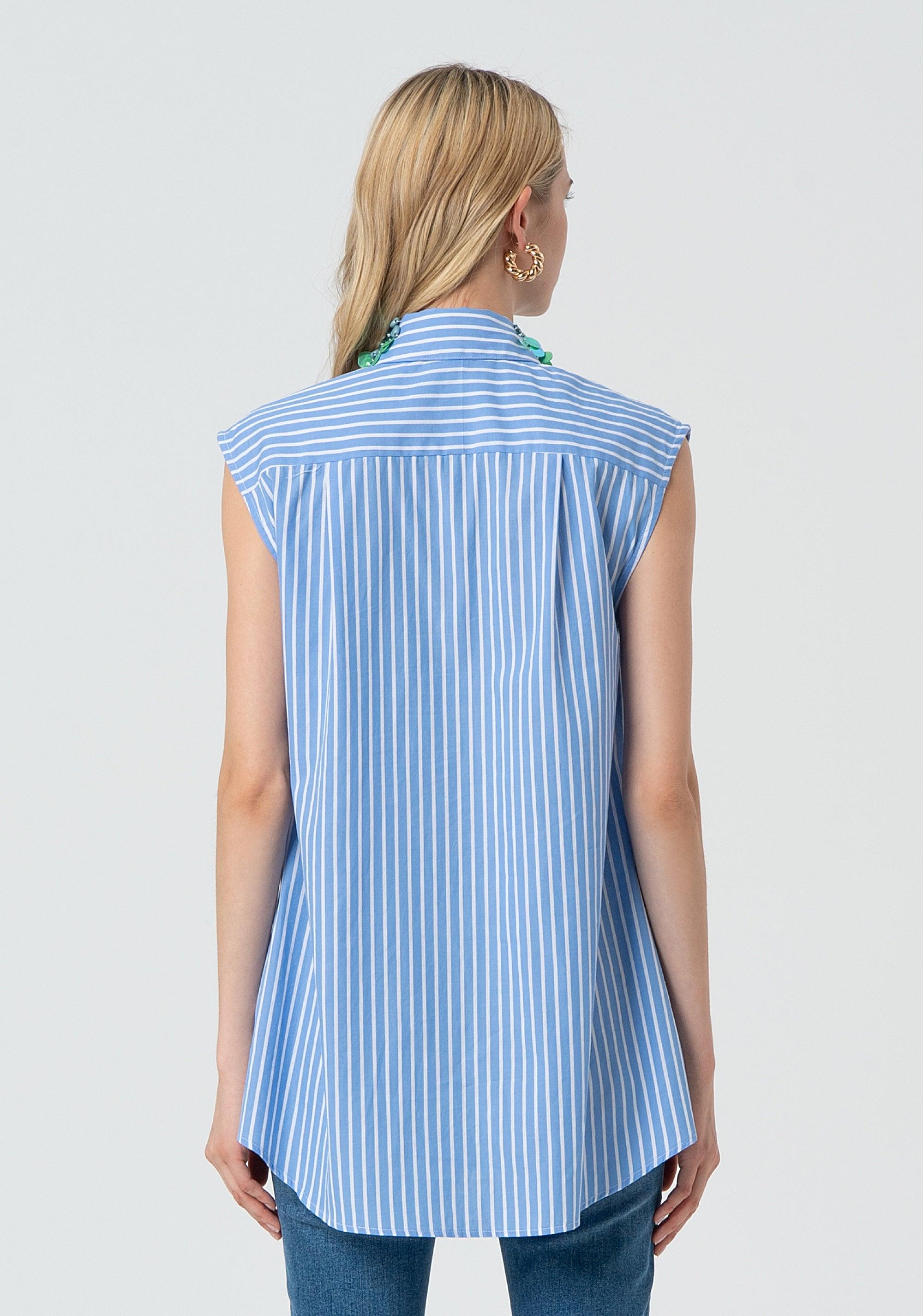 Camicia lunga senza maniche in popeline a righe skywhite