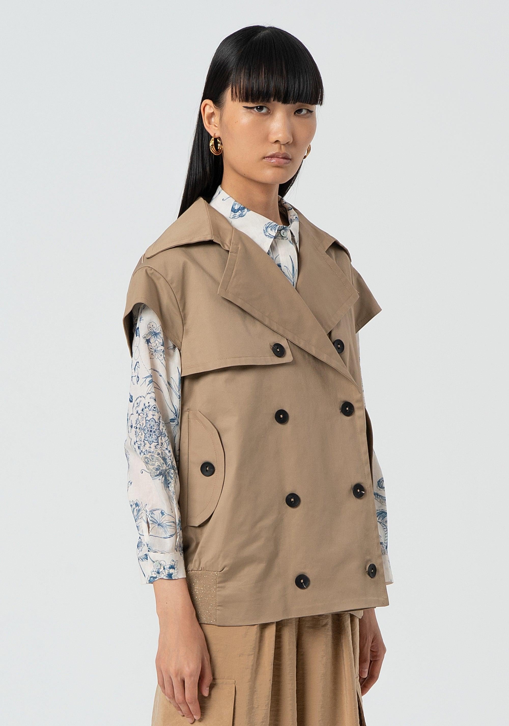 Trench corto senza maniche in cotone beige