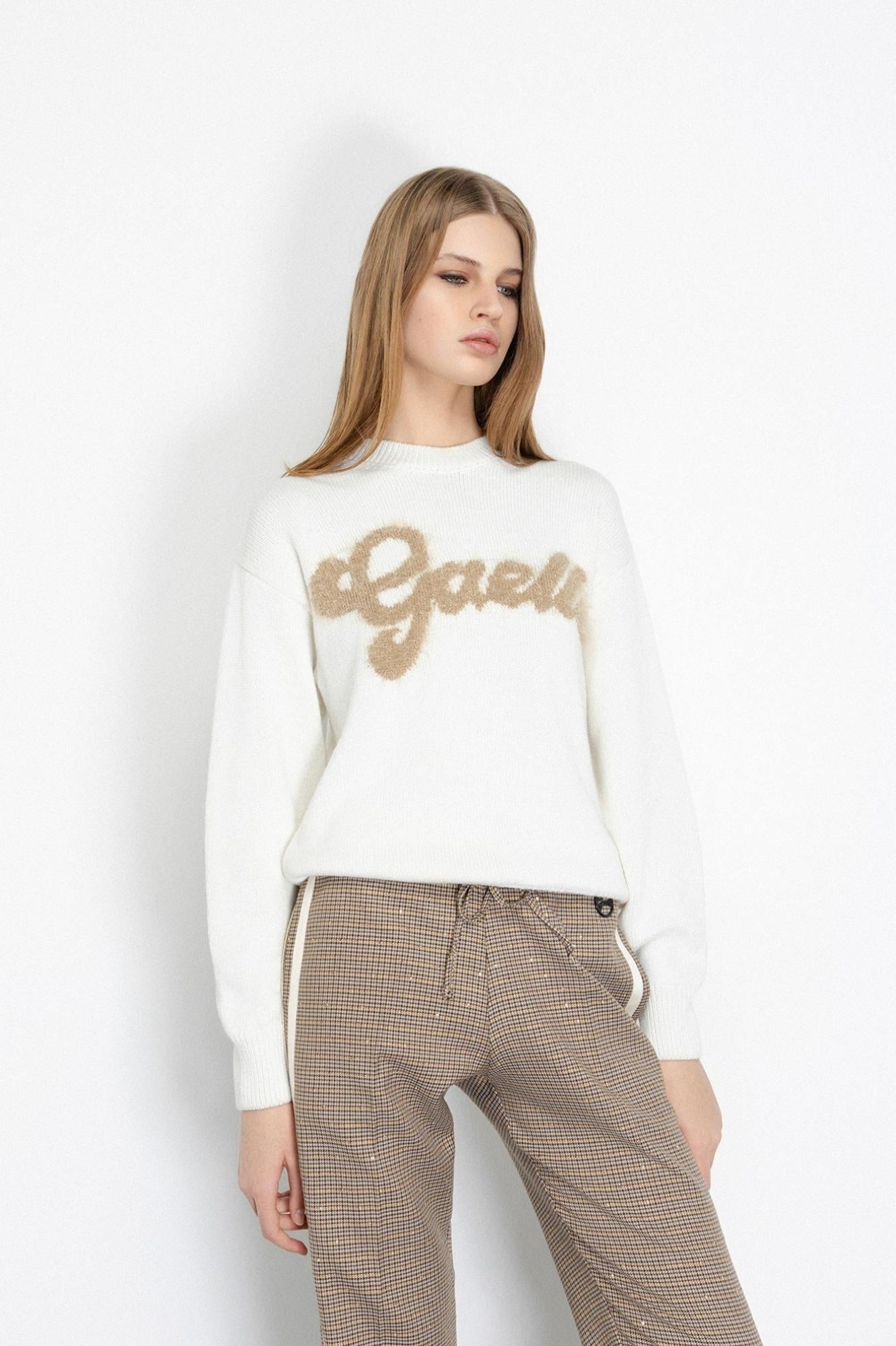 Pullover Cropped In Maglieria Con Logo Lurex Off White - Gaëlle Paris GAABW07114-MBFI0001 BI02 GAELLE