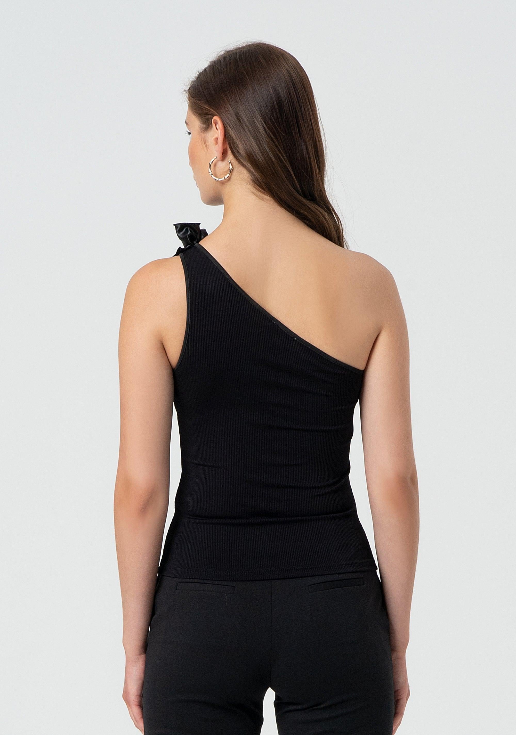 Top aderente monospalla a costine black