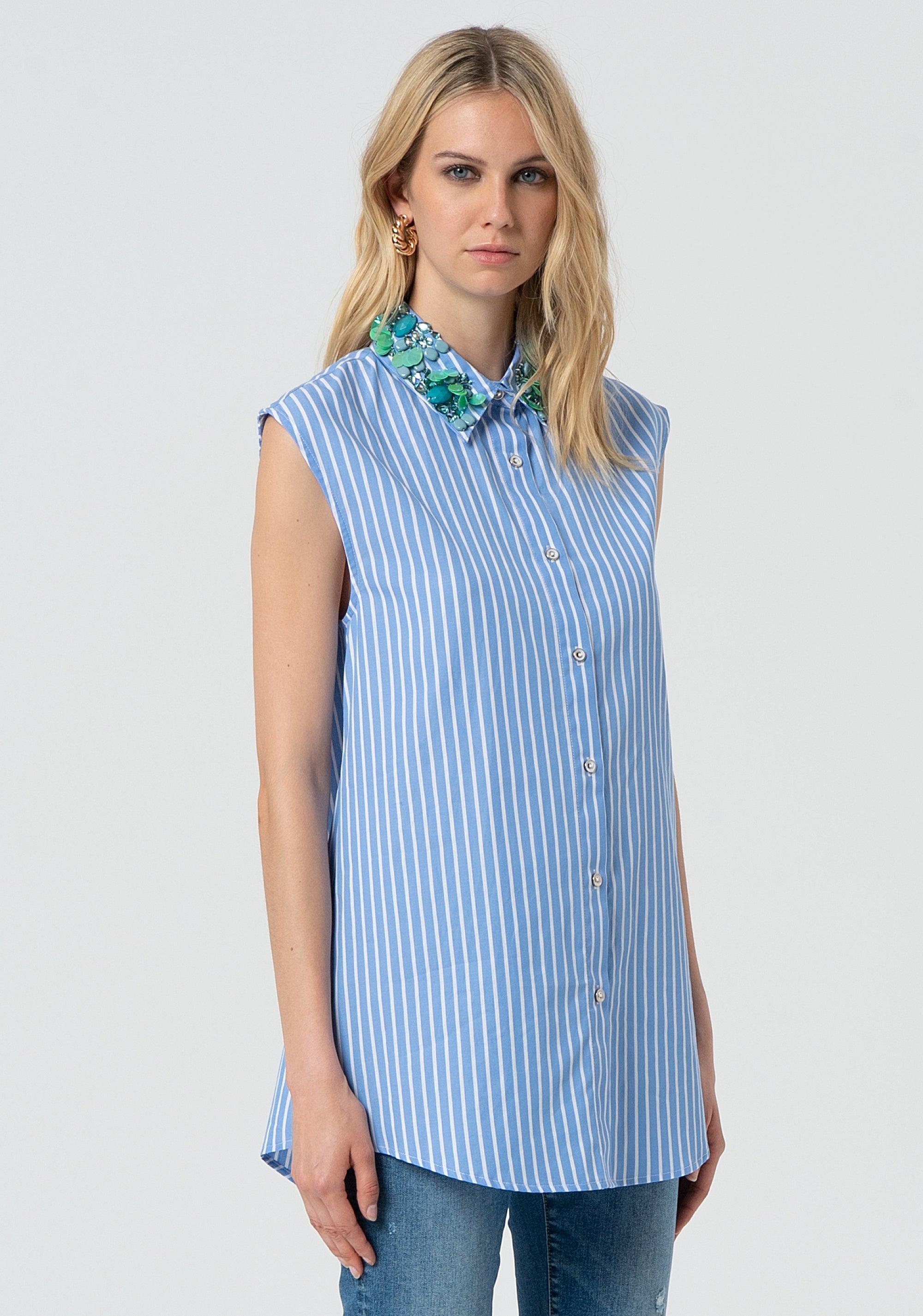 Camicia lunga senza maniche in popeline a righe skywhite