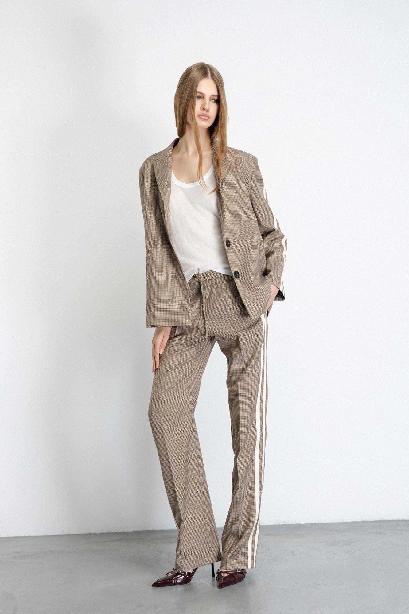Pantalone Dritto Morbido Con Laccetti In Vita E Bande Laterali Cammello - Gaëlle Paris GAABW06875-TMTP0019 CAMM GAELLE