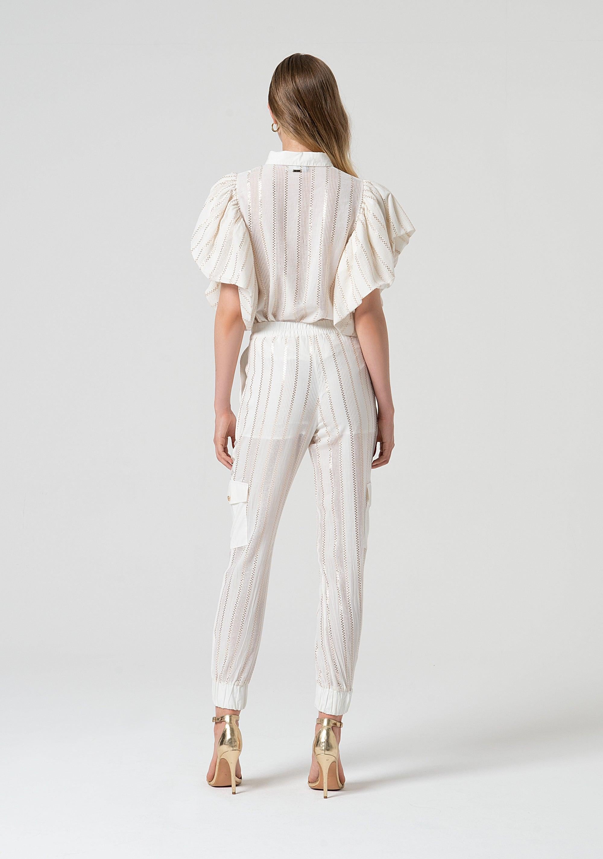 Pantalone cargo a righe con lurex white