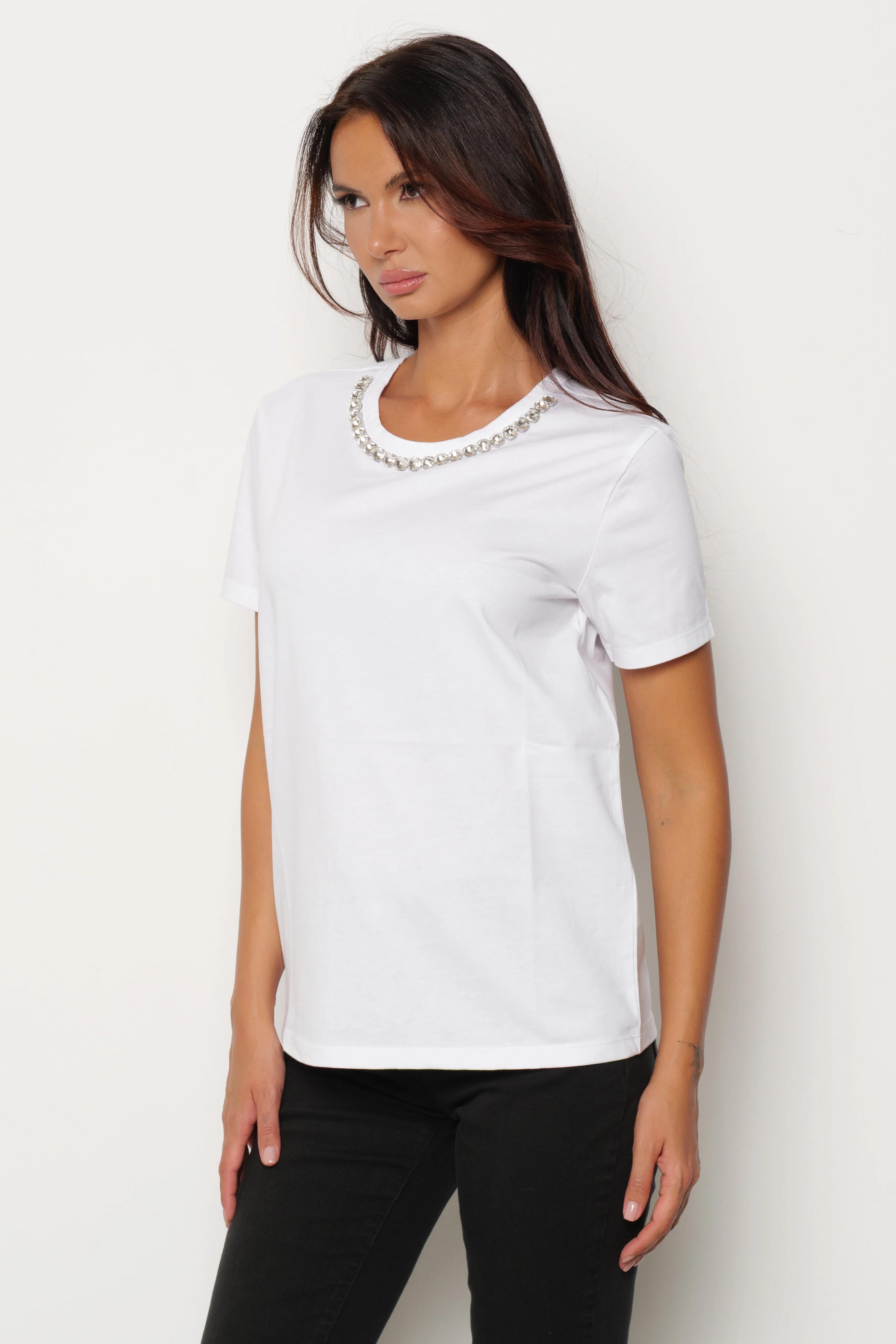 Relish T-shirt SANTISI mezza manica con pietre strass bordo collo bianca RDA2501033009 WHITE RELISH
