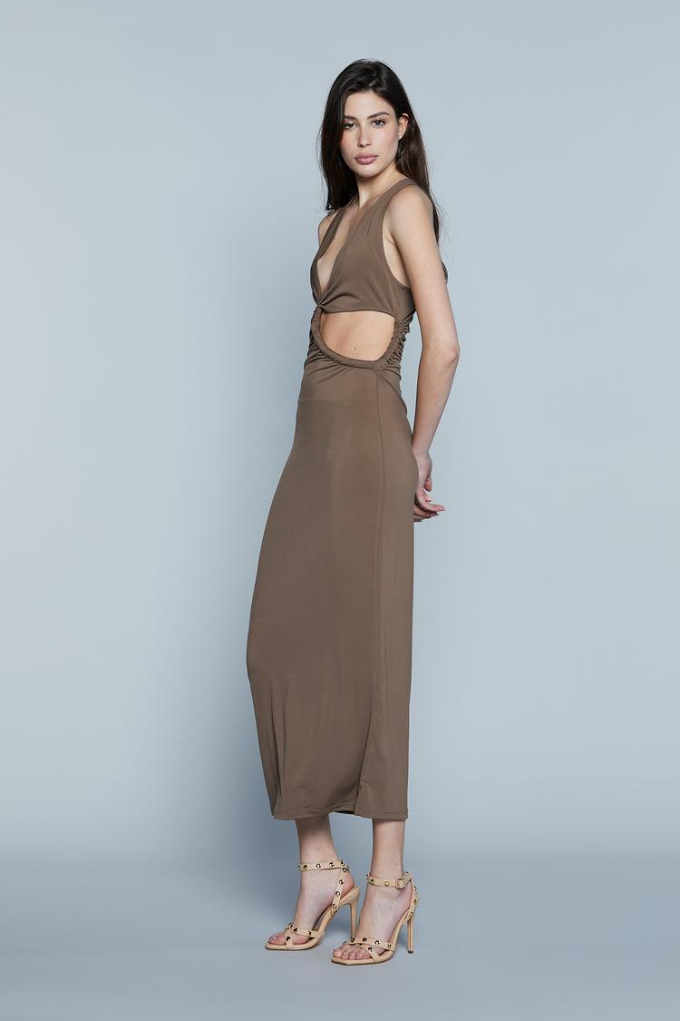 Abito CLARK Midi Scollo Americana più Apertura Fianco Coffe