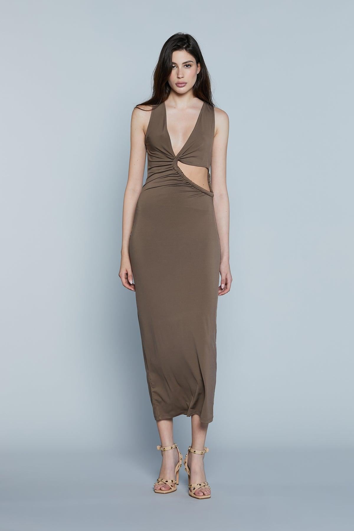 Abito CLARK Midi Scollo Americana più Apertura Fianco Coffe