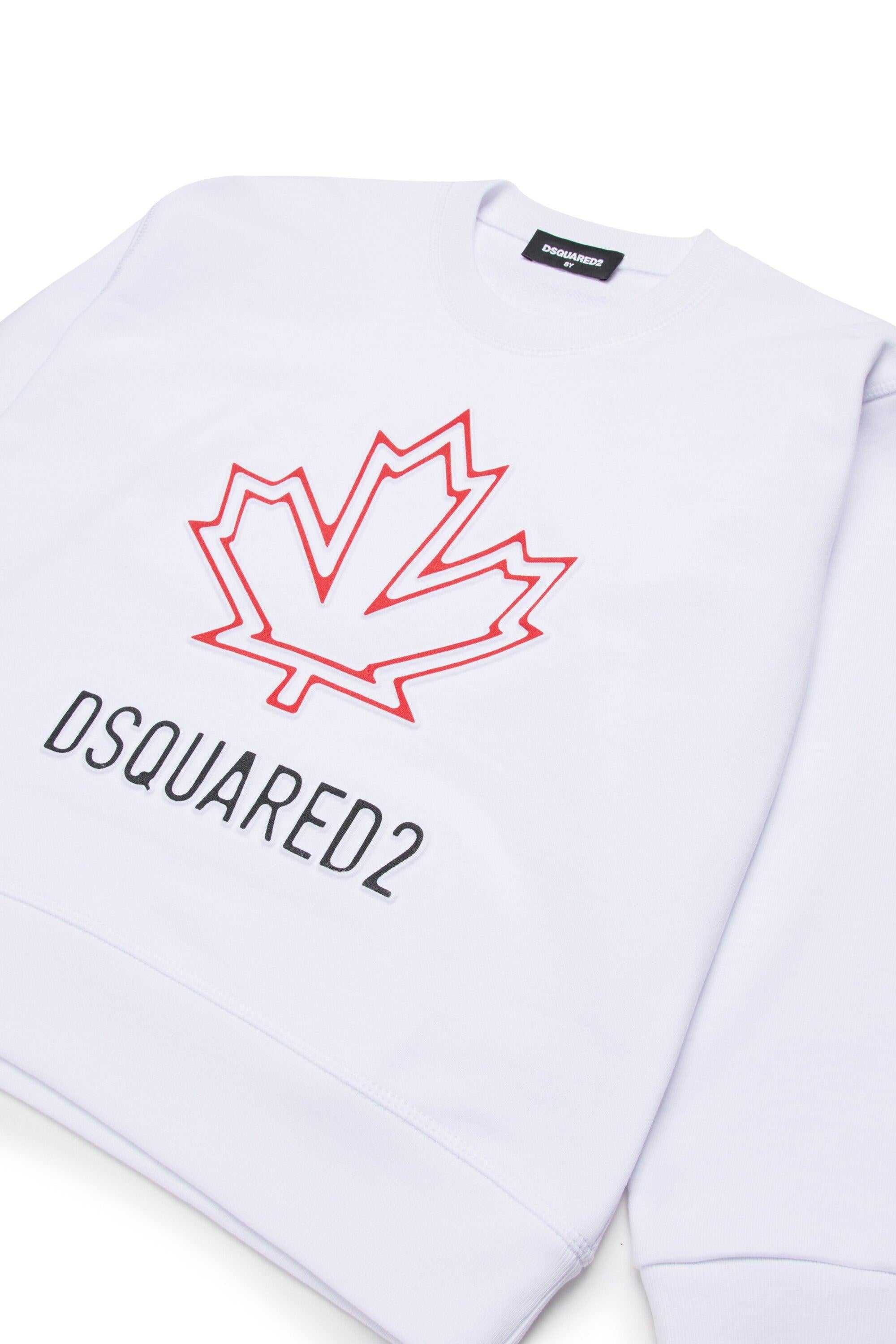 Dsquared2 Felpa Girocollo Slouch Fit Bianca con Maple Leaf outline