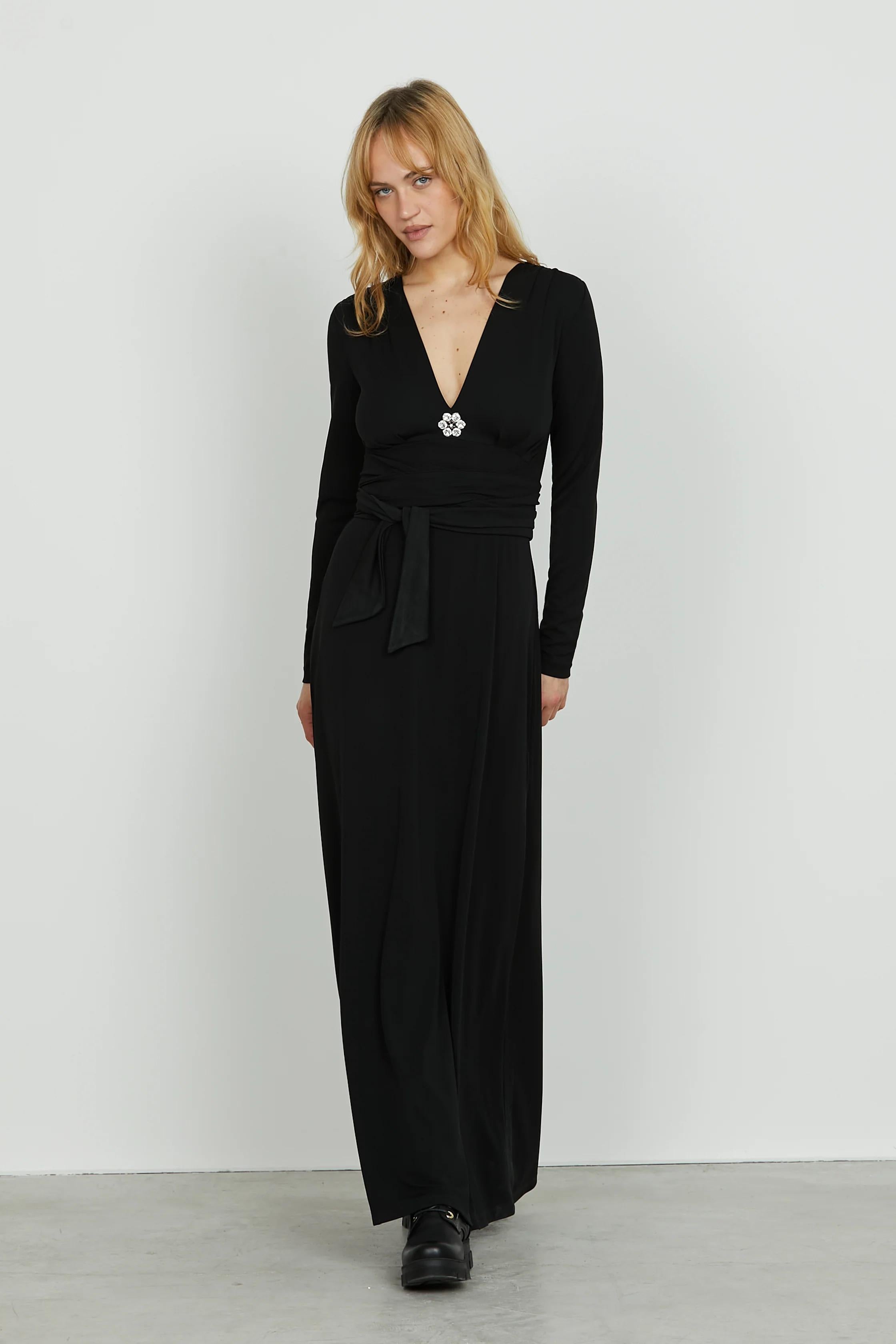 Relish Abito REFERS lungo manica lunga scollo v con gioiello più cintura black RDA2509006013 BLACK RELISH