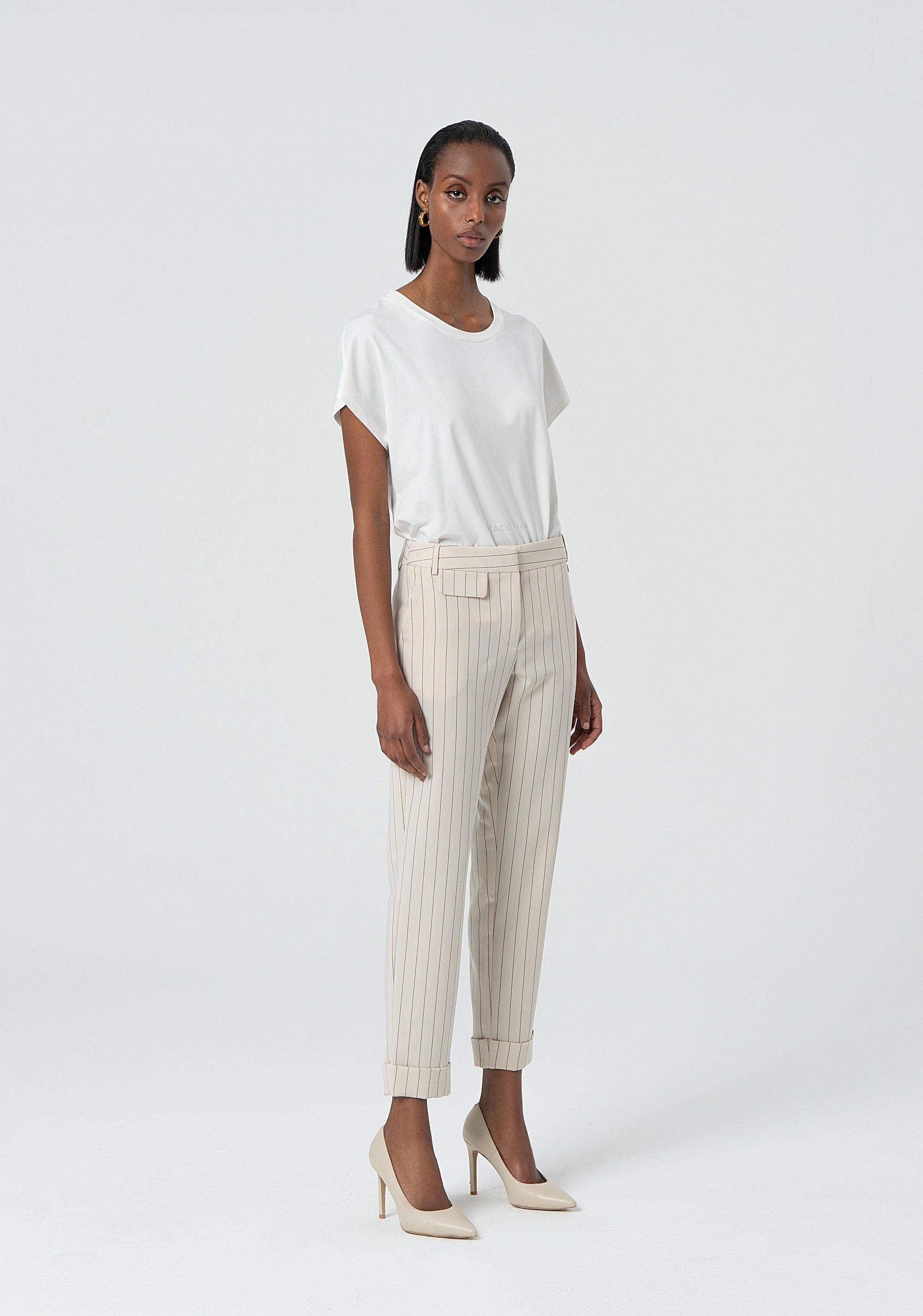 Pantalone a sigaretta in tessuto gessato cream