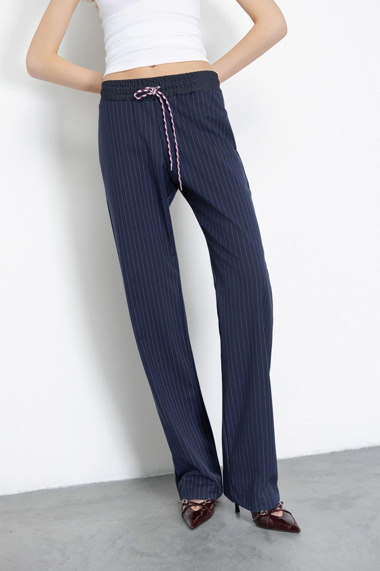 Pantalone Dritto Morbido Con Coulisse In Vita Blu Scuro - Gaëlle Paris GAABW06834-TMTS0139 BL25 GAELLE