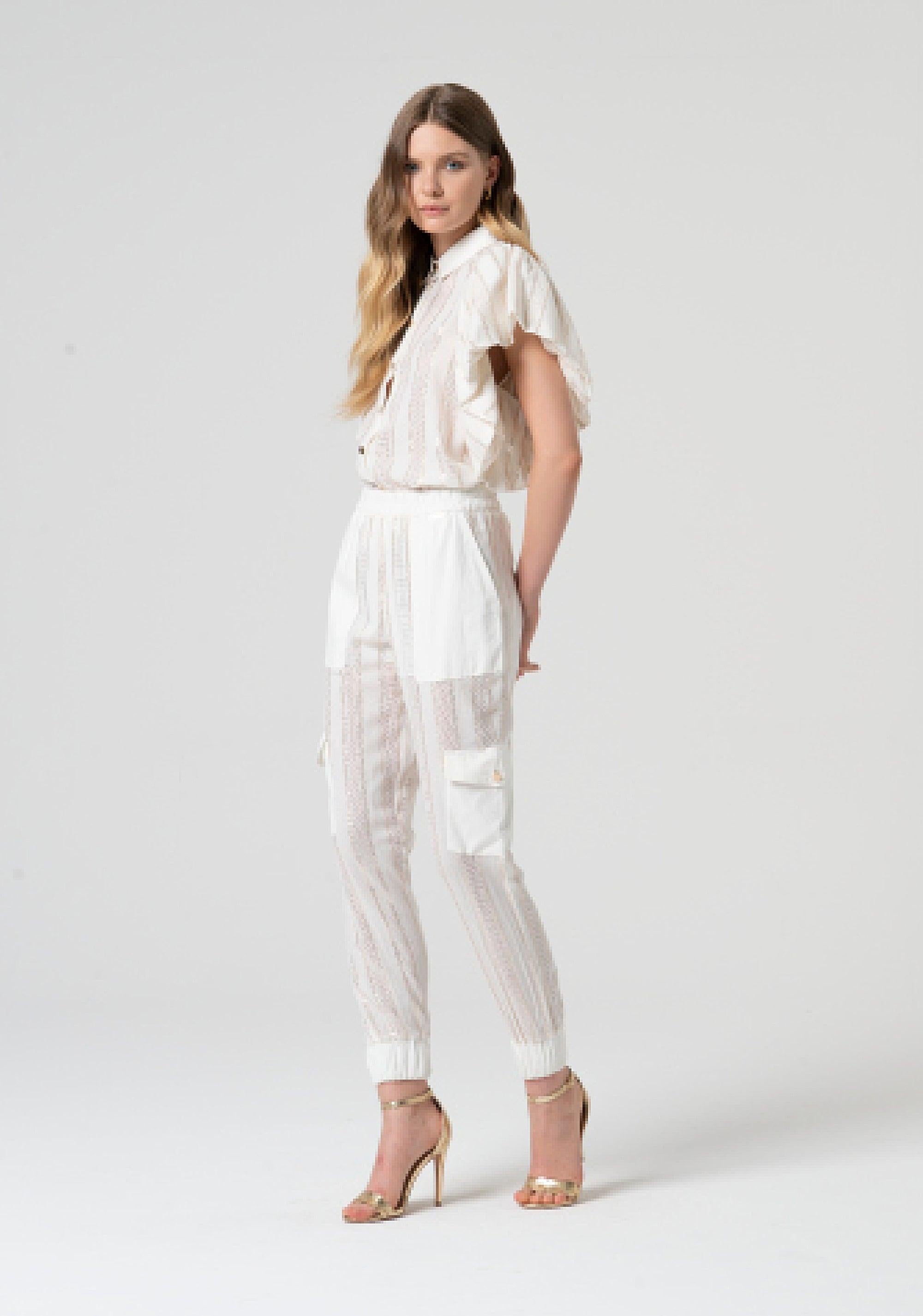 Pantalone cargo a righe con lurex white