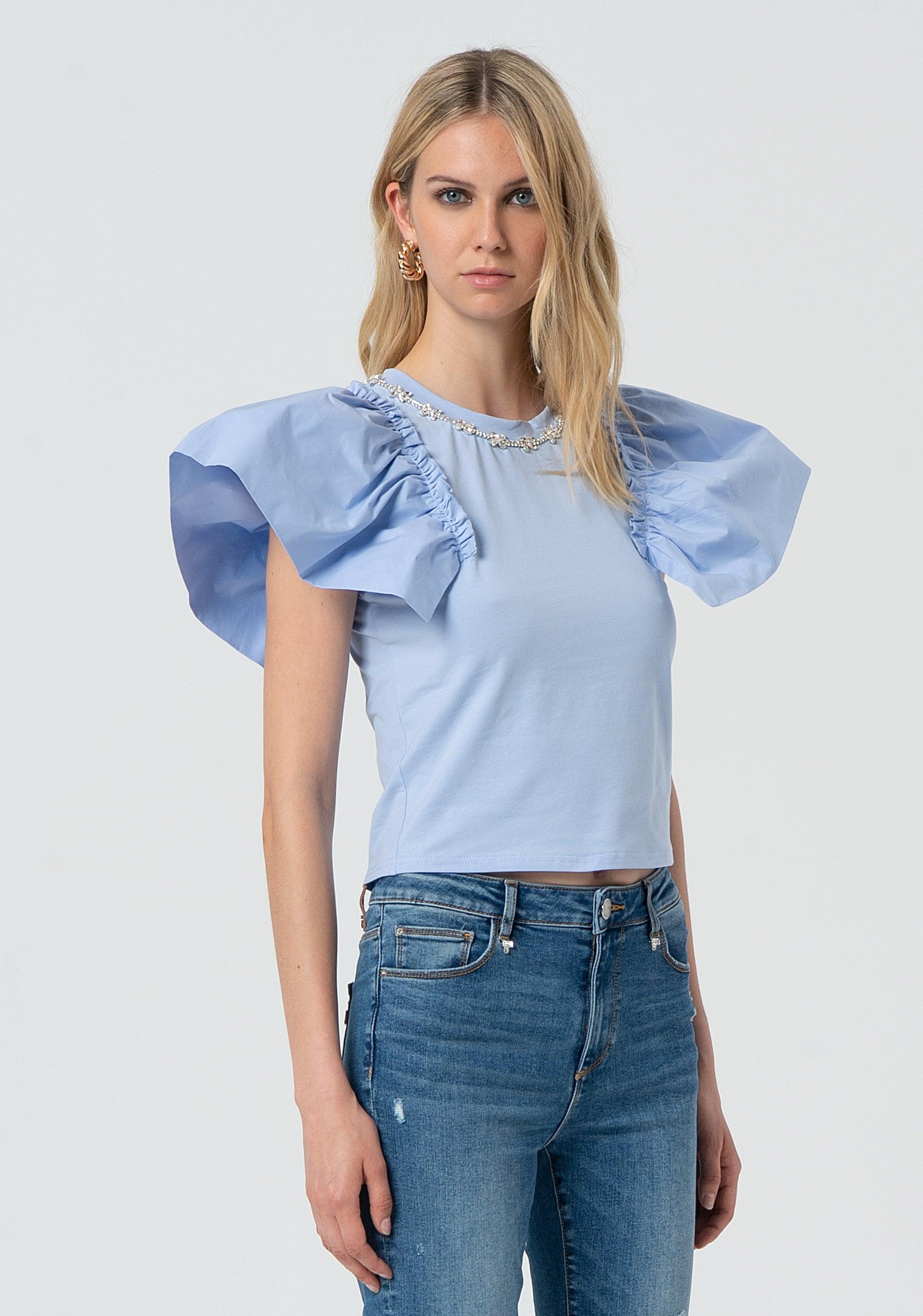 T-shirt regular in jersey con gale in popeline su giromanica sky