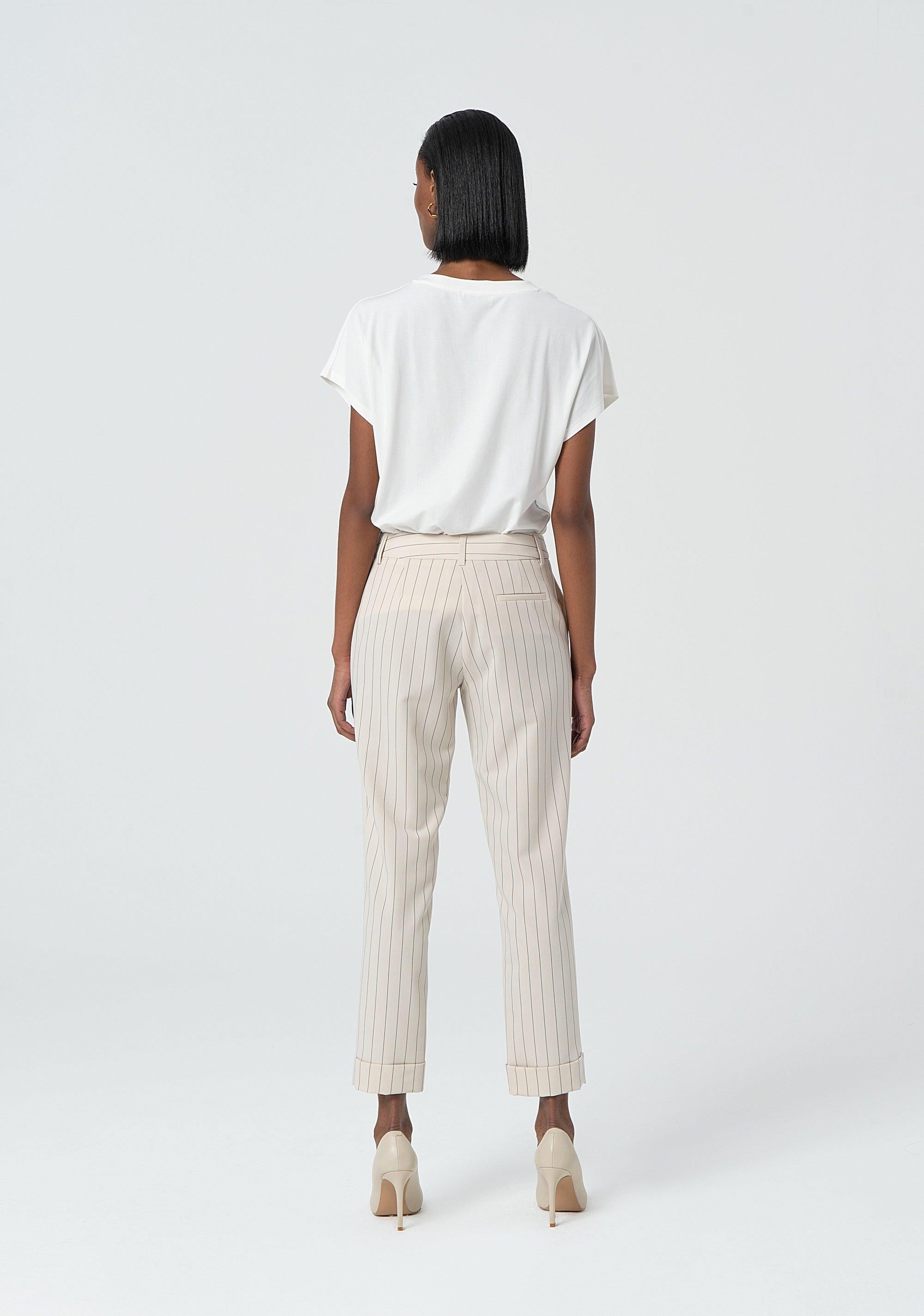 Pantalone a sigaretta in tessuto gessato cream