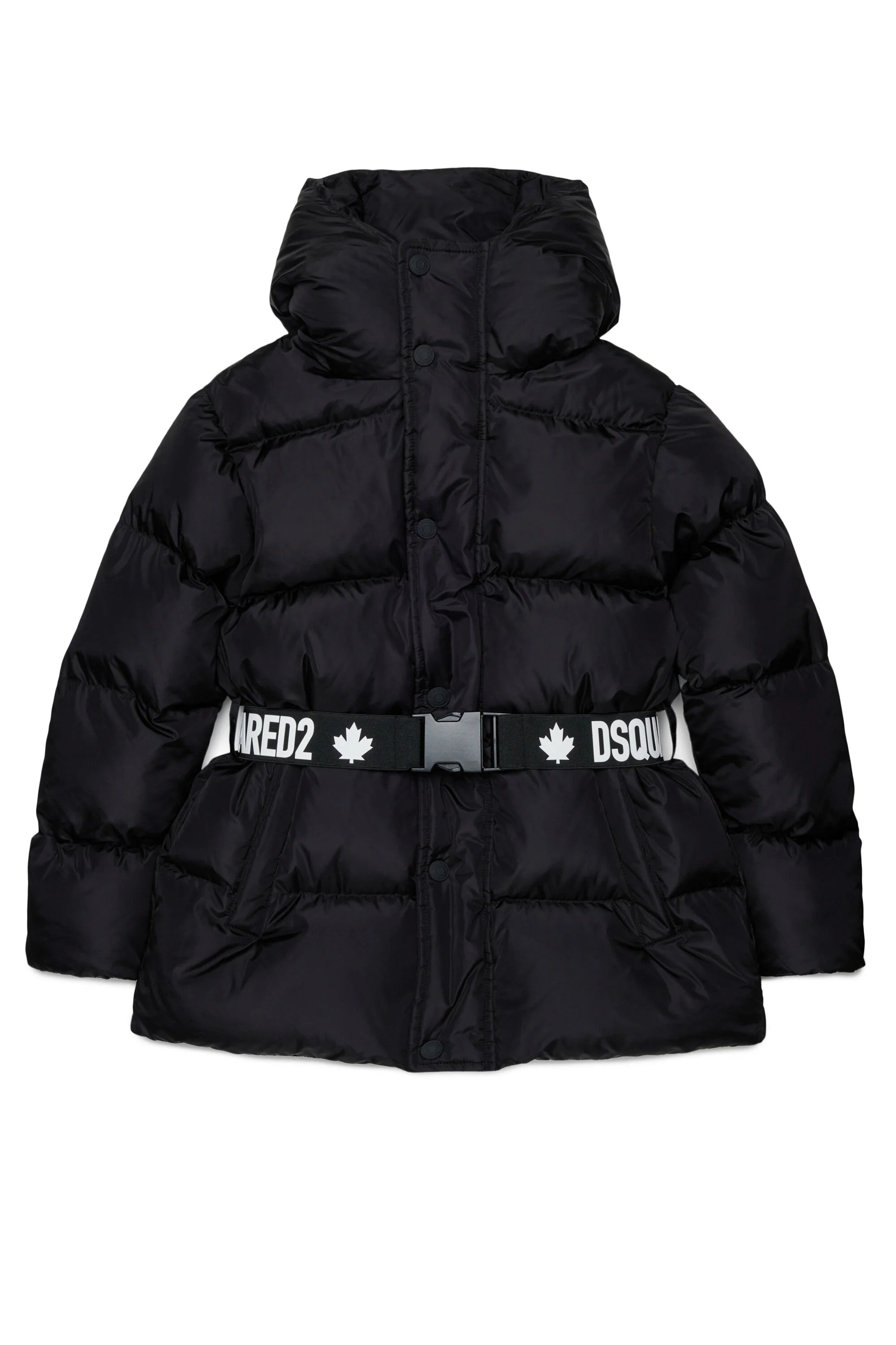 Giacca lunga imbottita con cintura di marca nera DQ2439-D00BN DQ900 DSQUARED KID 