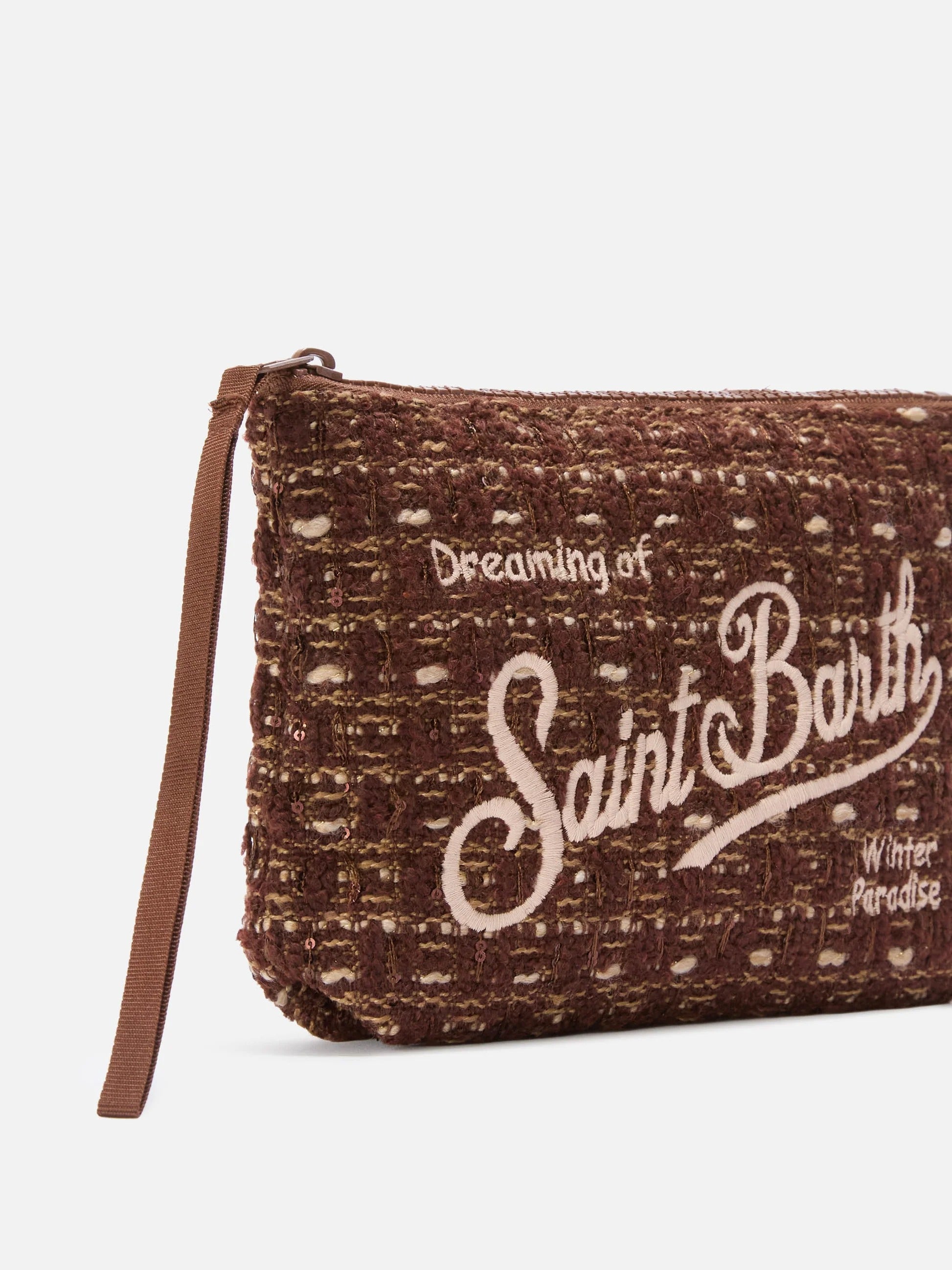 Pochette Aline marrone in tweed con ricamo logo ALI0027 04136M MC2 SAINT BARTH 