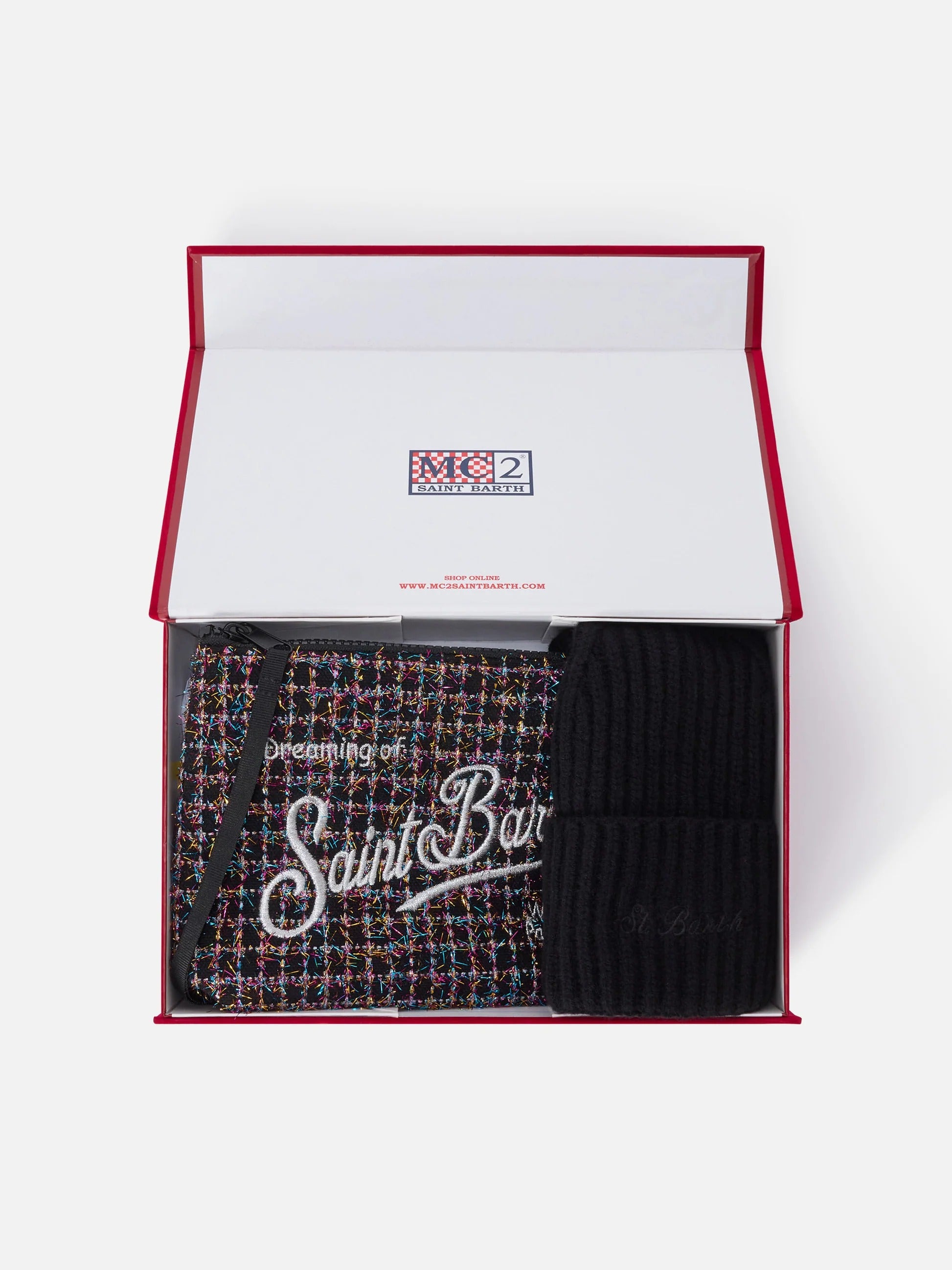 Set pochette nera in tweed e berretto nero BOX0048 04510M MC2 SAINT BARTH 