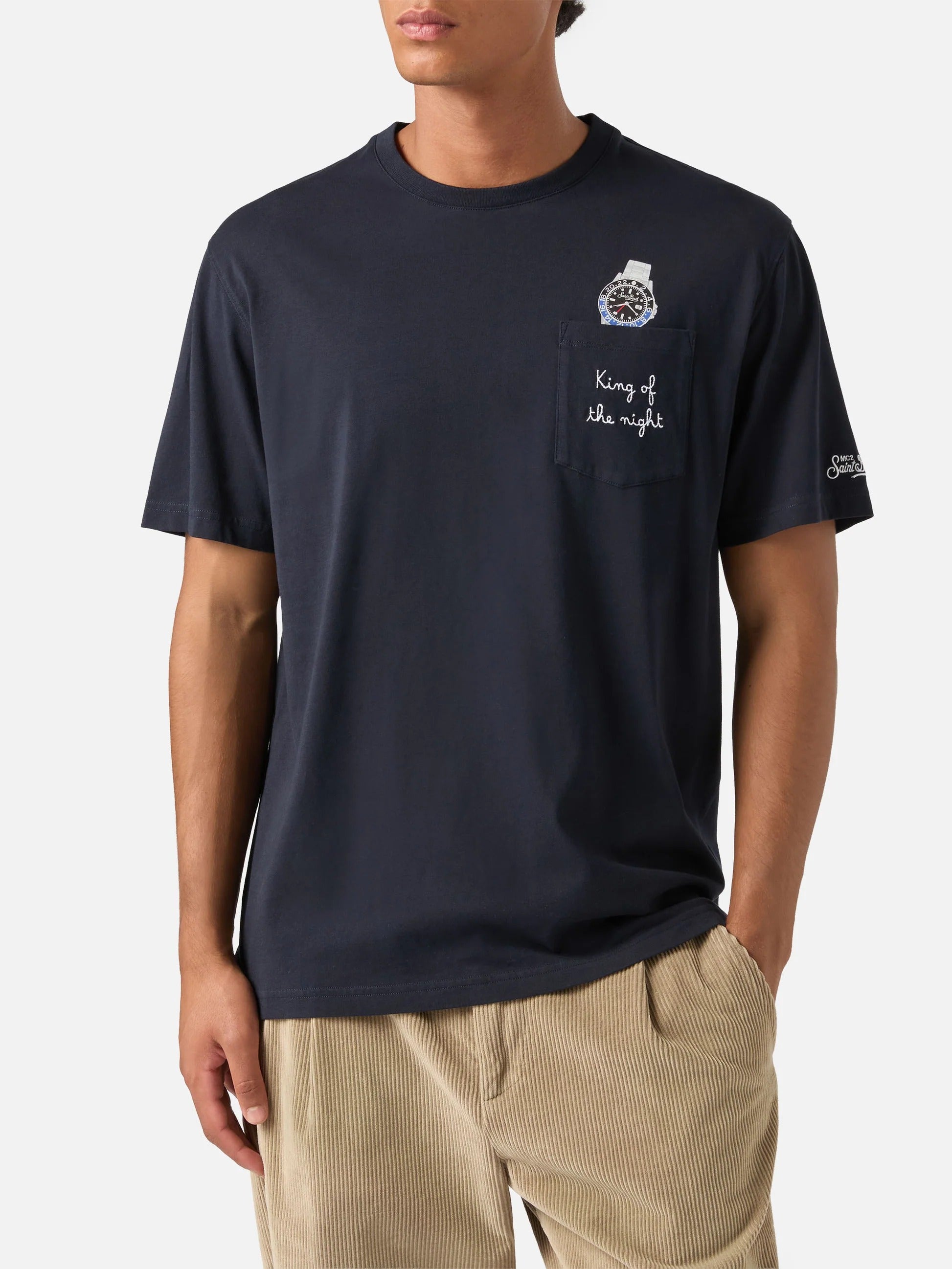 T-shirt Connor blu navy in cotone organico con stampa orologio e ricamo King Of The Night CONR0001 03274M MC2 SAINT BARTH 