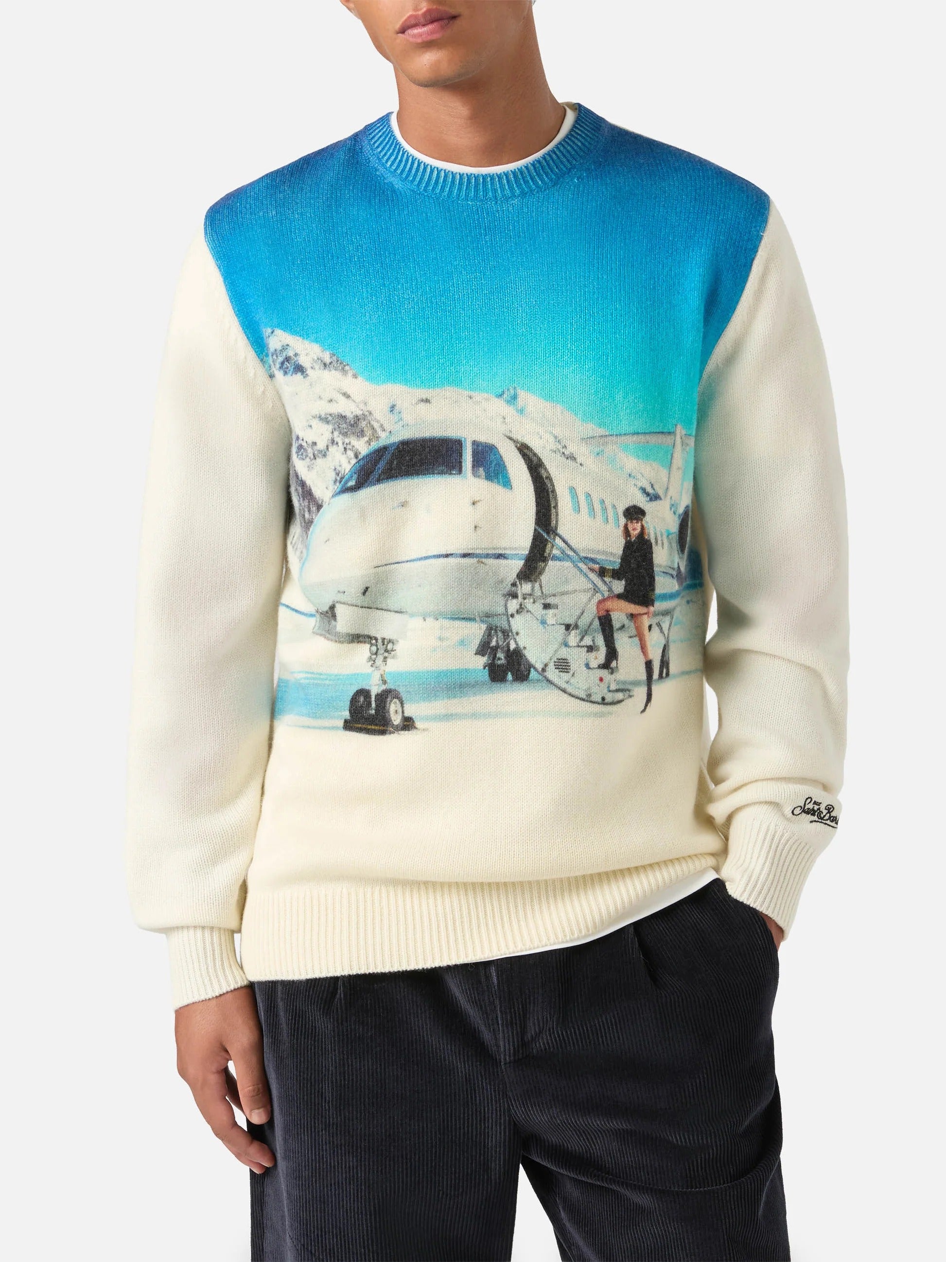 Maglia girocollo Heron grigia in misto lana e cashmere con intarsio e ricamo jet privato | Special edition HER0022 00634M MC2 SAINT BARTH 