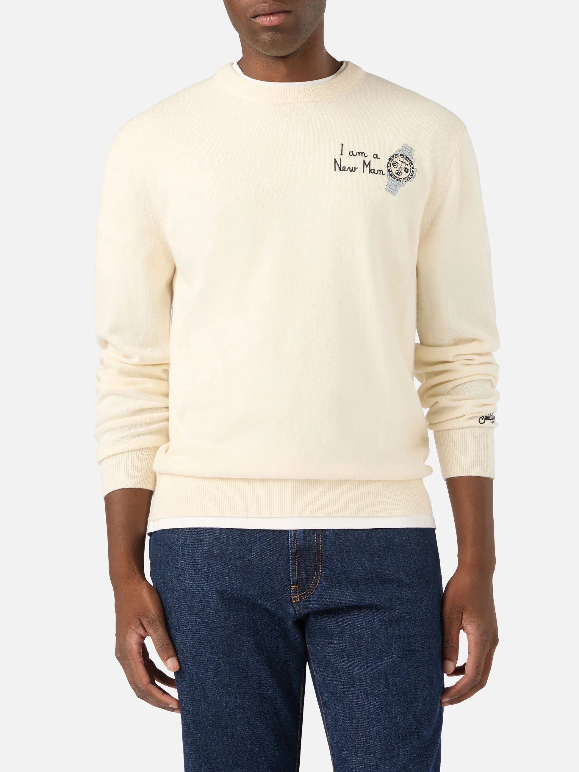 Maglia girocollo Heron Light grigia in misto lana e cashmere con ricamo I Am A New Man HER0024 00177M MC2 SAINT BARTH 