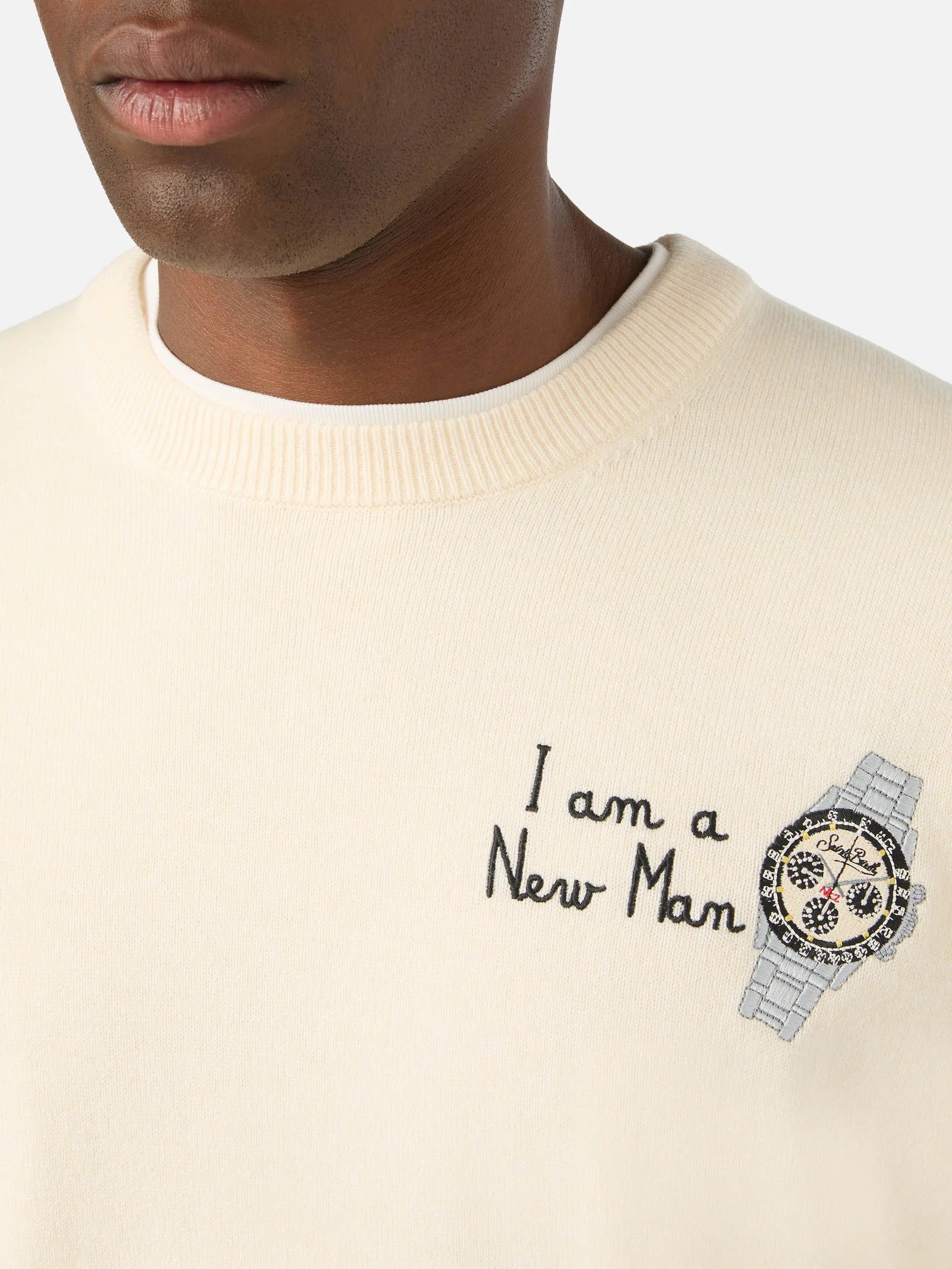 Maglia girocollo Heron Light grigia in misto lana e cashmere con ricamo I Am A New Man HER0024 00177M MC2 SAINT BARTH 