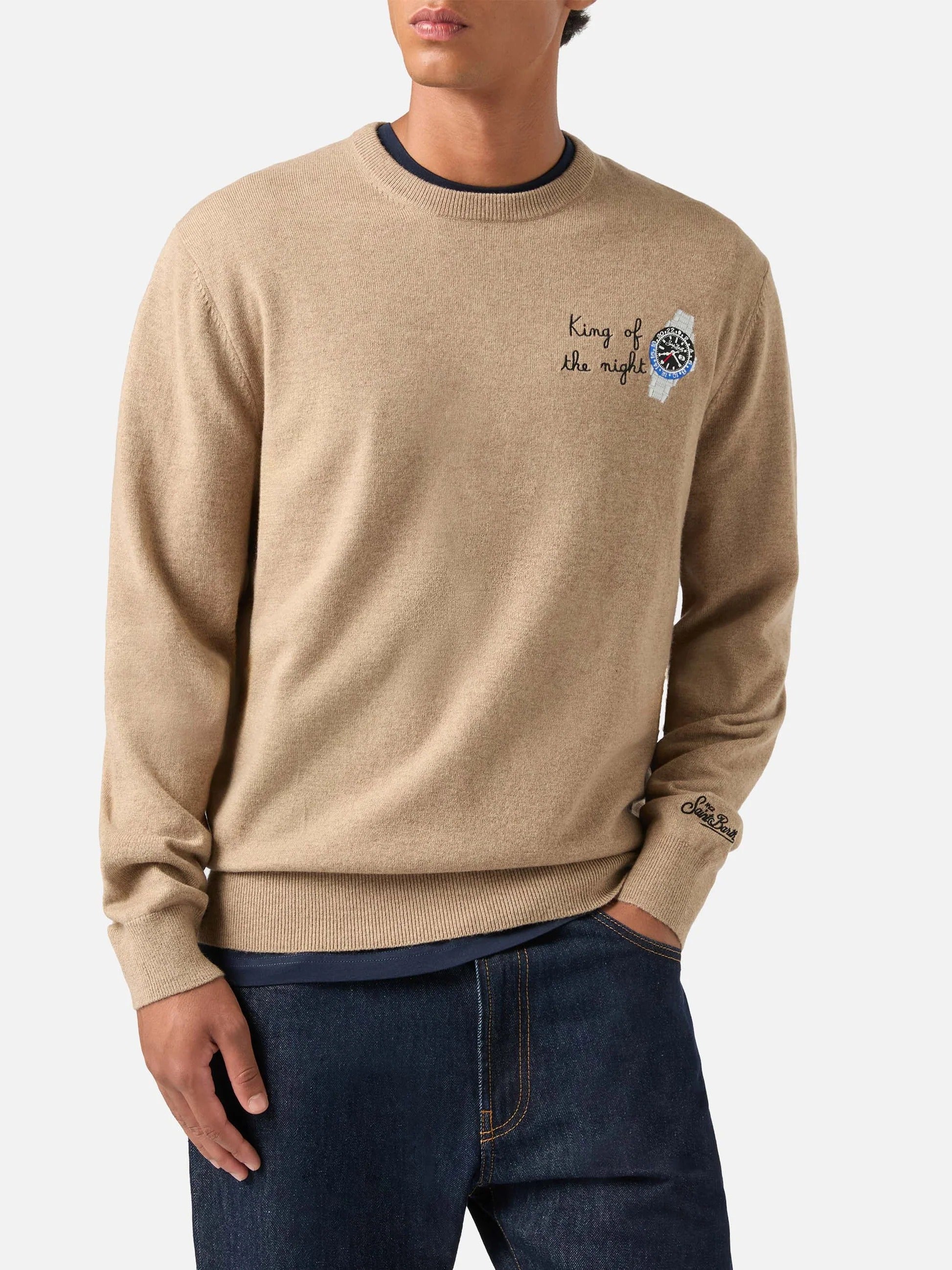 Maglia girocollo Heron Light beige in misto lana e cashmere con ricamo King Of The Night HER0024 00542M MC2 SAINT BARTH 