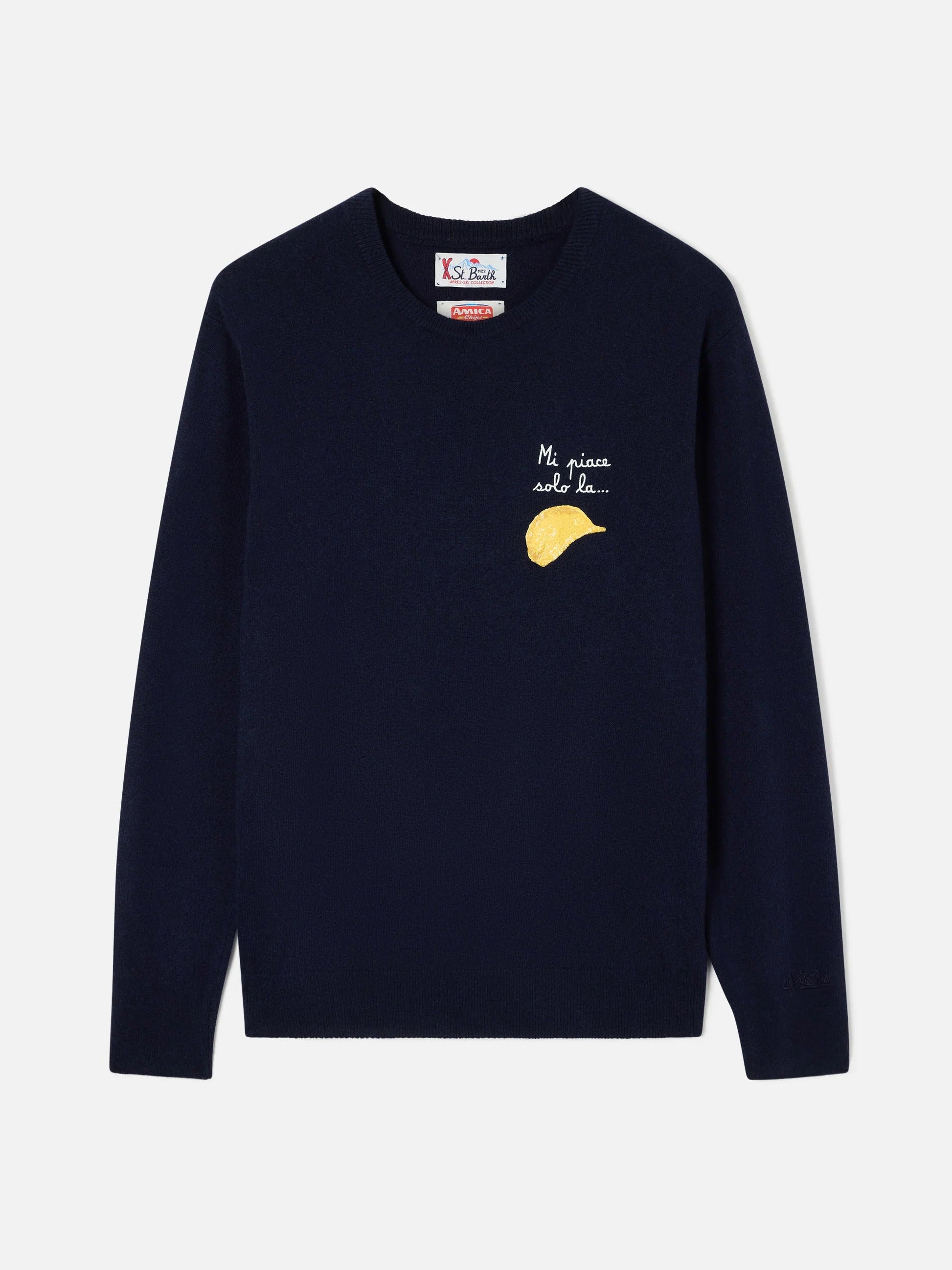 Maglia girocollo Heron Light blu navy in misto lana e cashmere con ricamo Amica Chips | Special edition HER0024 03371M MC2 SAINT BARTH 