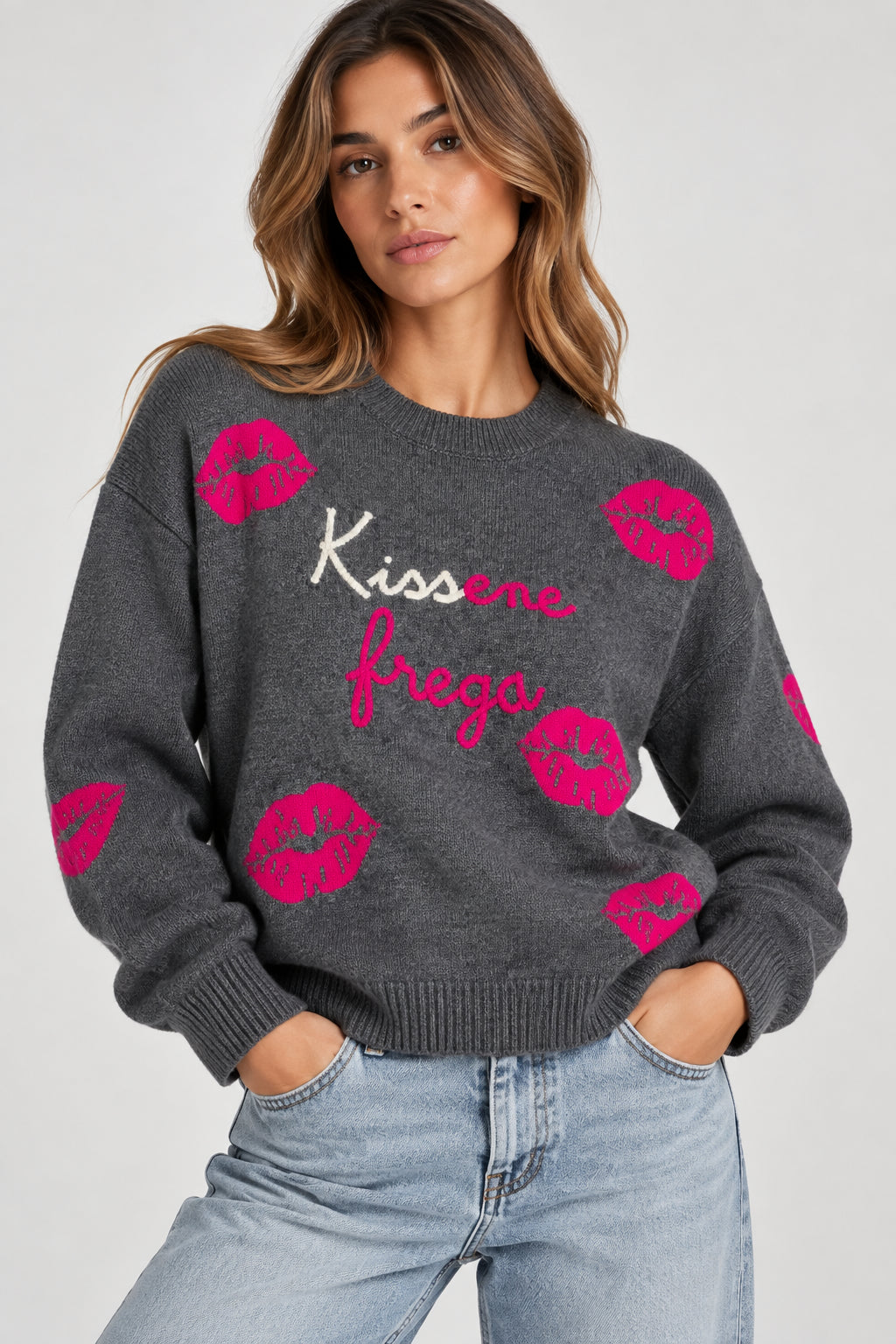 Maglione Louise Cashmeregrigio con scritta kissene frega LUOI010 04491M MC2 SAINT BARTH 