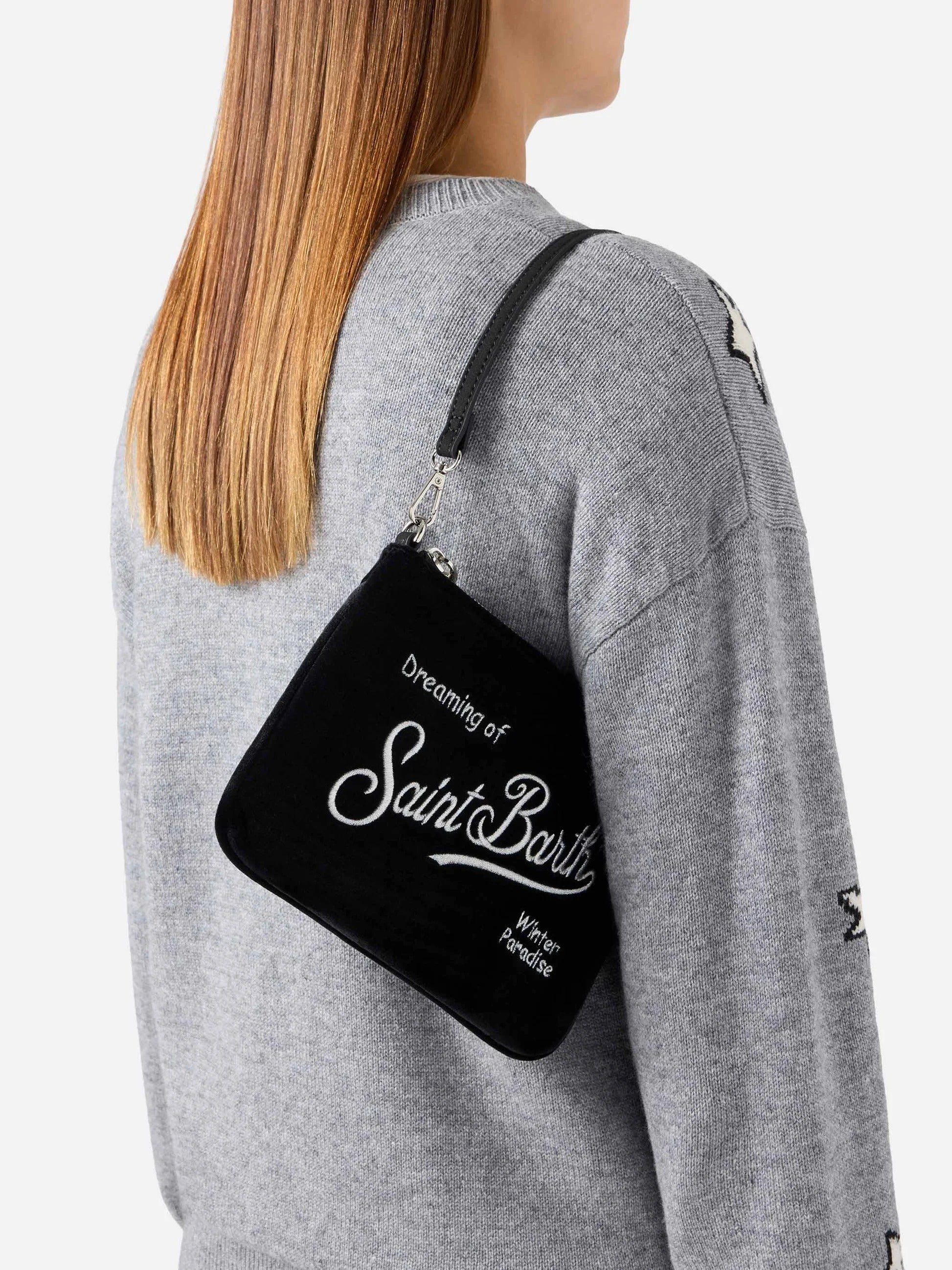 Borsa a spalla Mini Parisienne nera in velluto con ricamo logo PARM005 00474M MC2 SAINT BARTH 