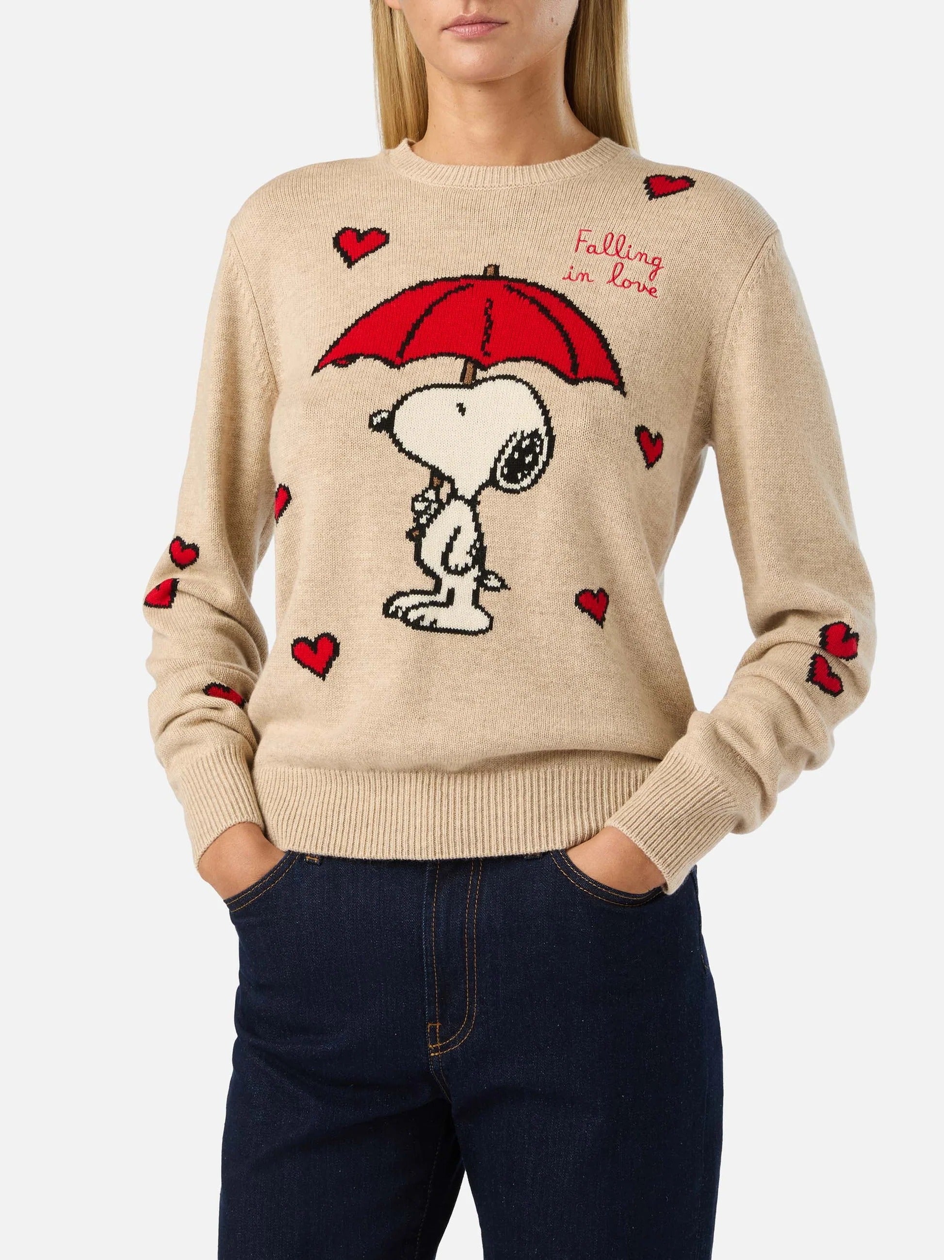 Maglia girocollo New Queen beige con intarsio Snoopy | Special edition QUE0014 00331M MC2 SAINT BARTH 
