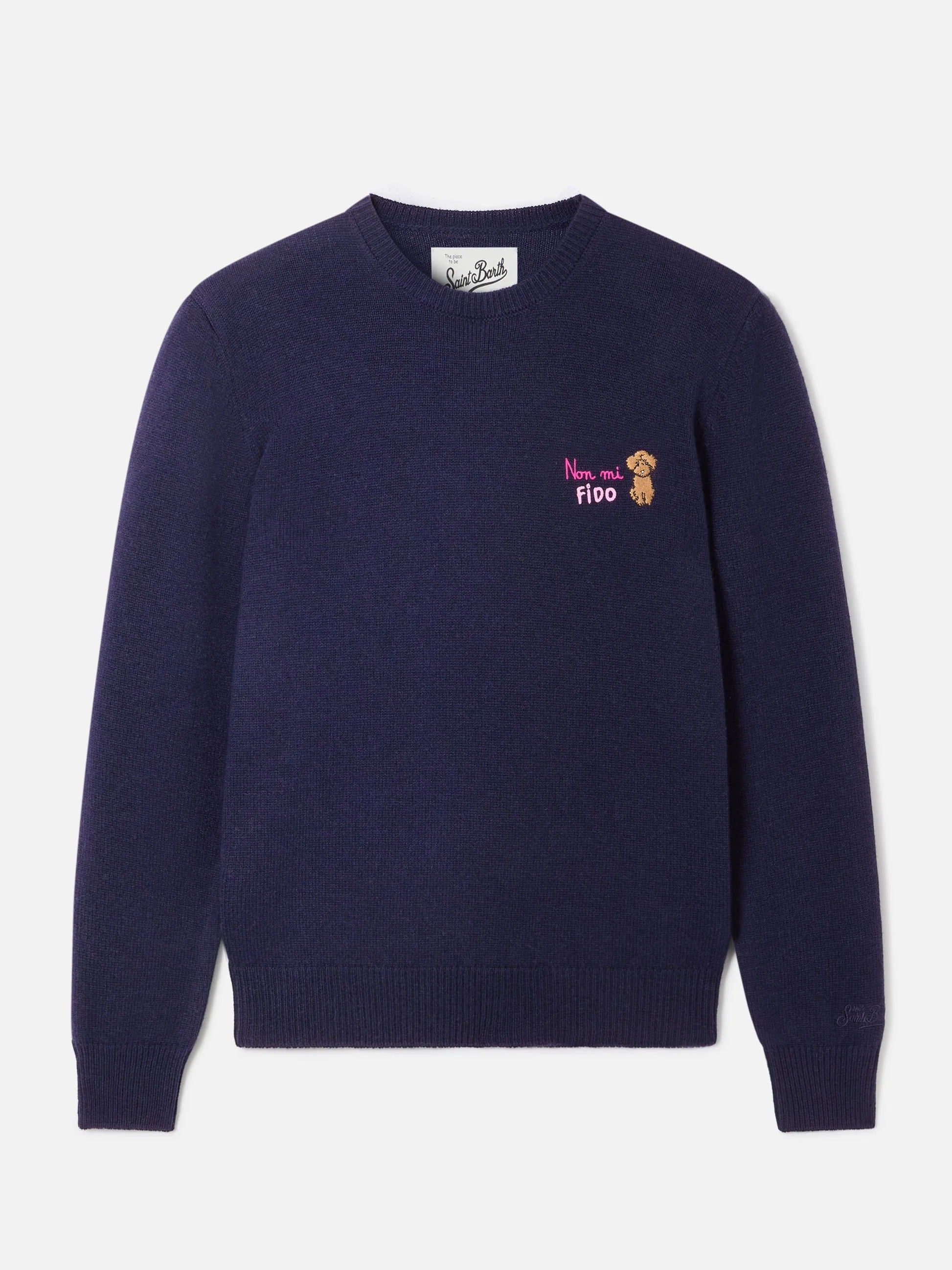 Maglia girocollo New Queen blu navy in misto lana e cashmere con ricamo Non Mi Fido QUE0032 04176M MC2 SAINT BARTH 