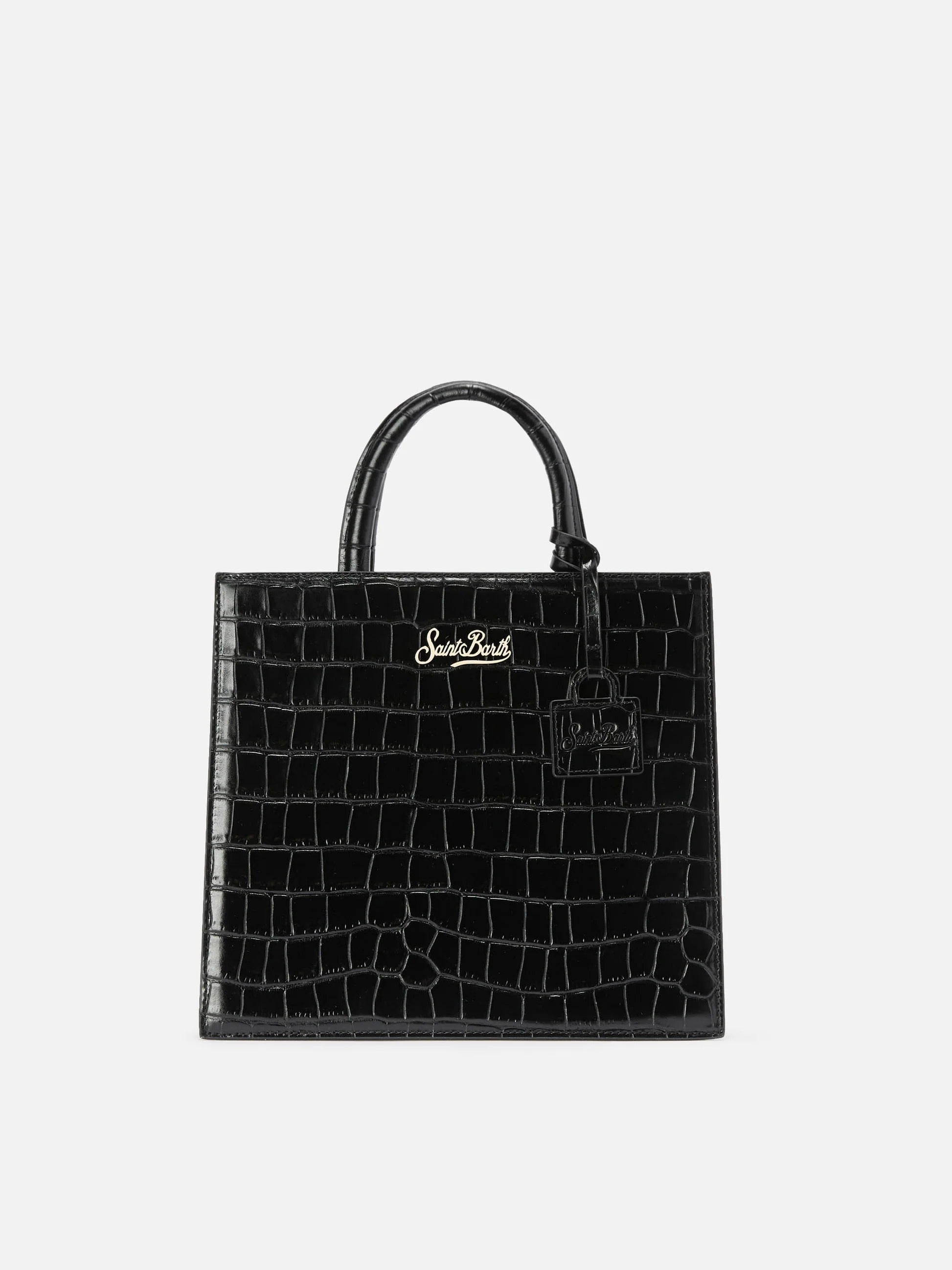 Borsa Medium Shop nera in pelle stampa cocco con placca logo in metallo SHBM0001 00721M MC2 SAINT BARTH 