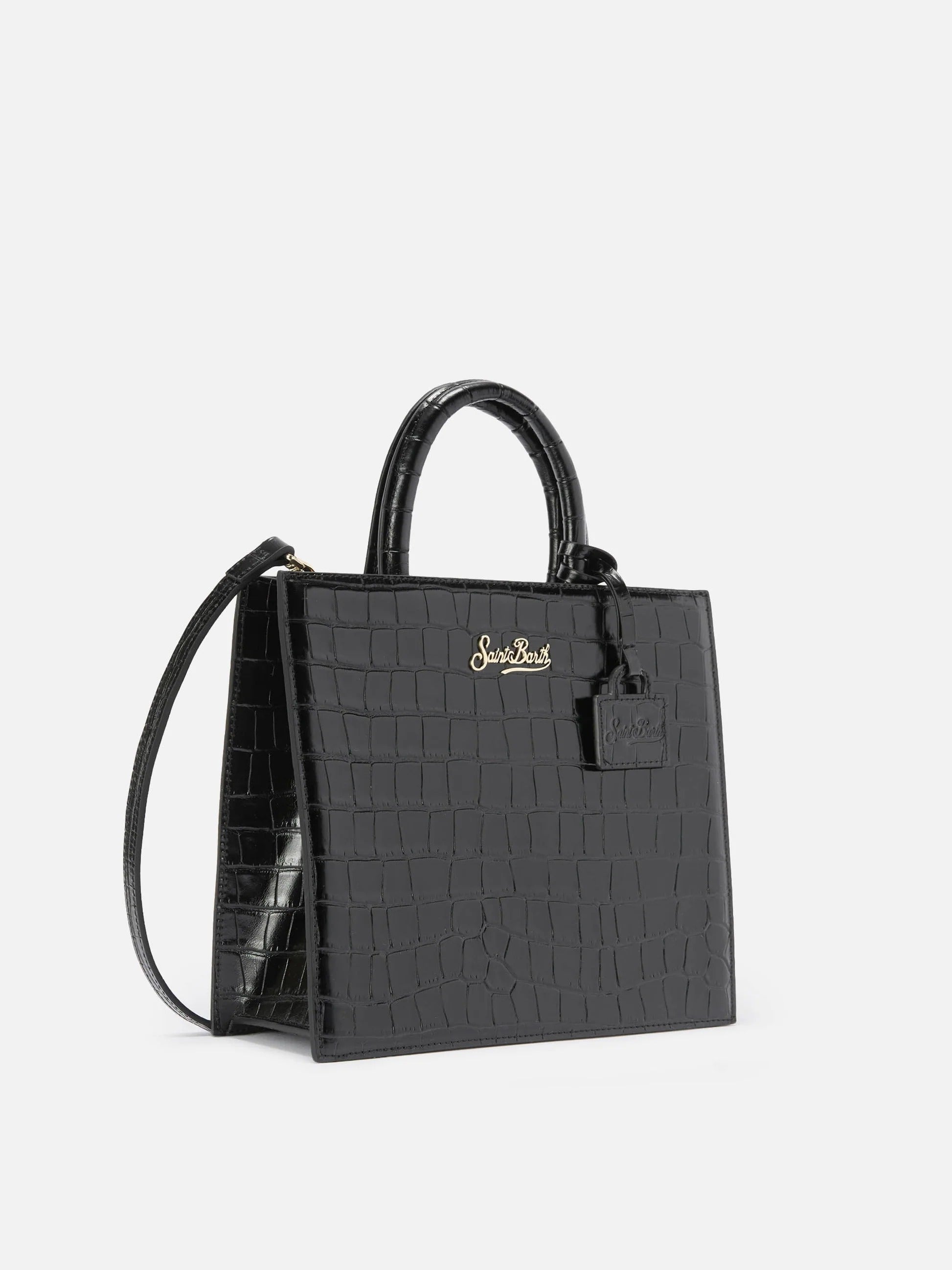 Borsa Medium Shop nera in pelle stampa cocco con placca logo in metallo SHBM0001 00721M MC2 SAINT BARTH 