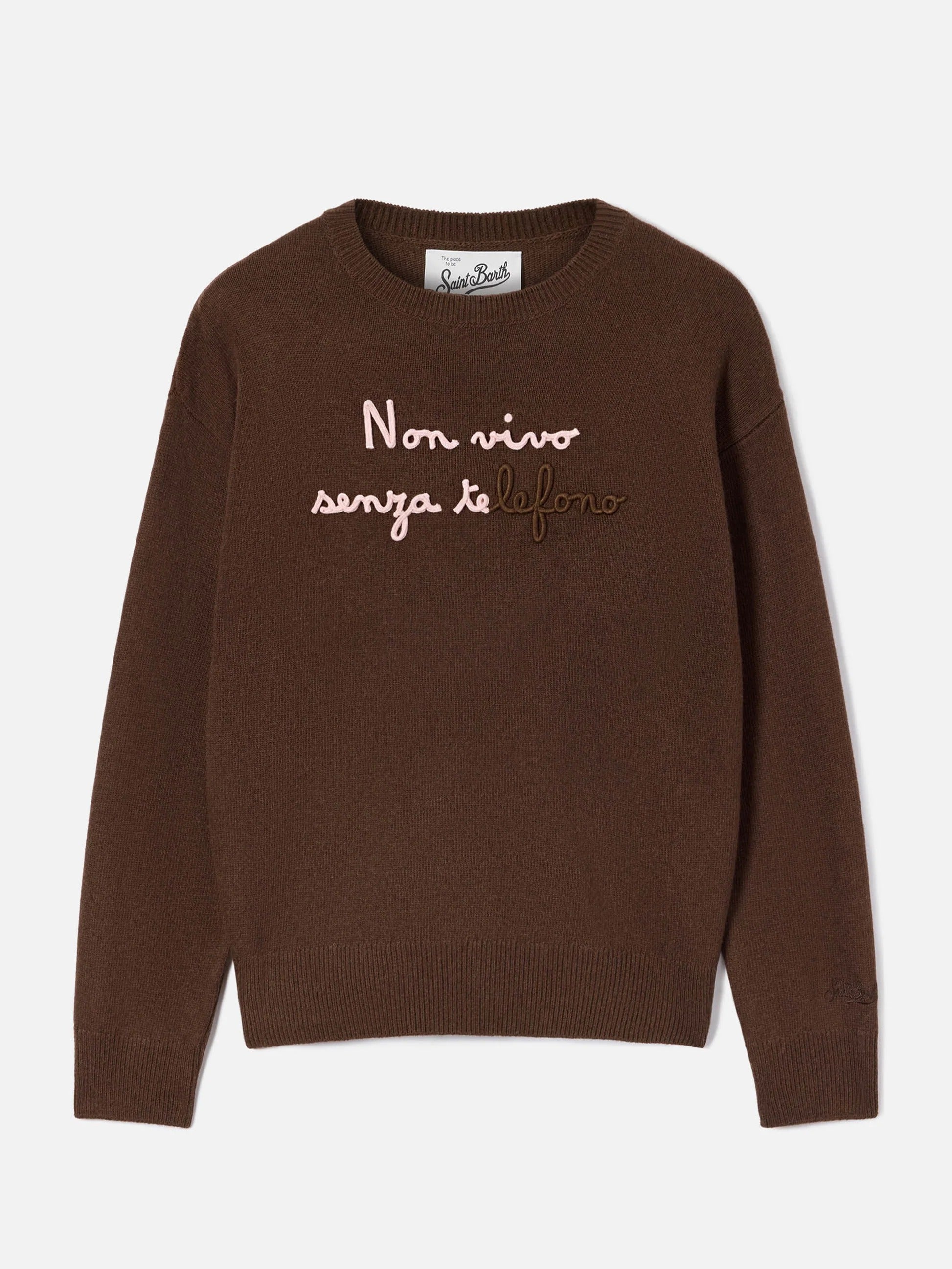 Maglia girocollo Tessa marrone in misto lana e cashmere con ricamo Non Vivo Senza Te TESS001 04230M MC2 SAINT BARTH 