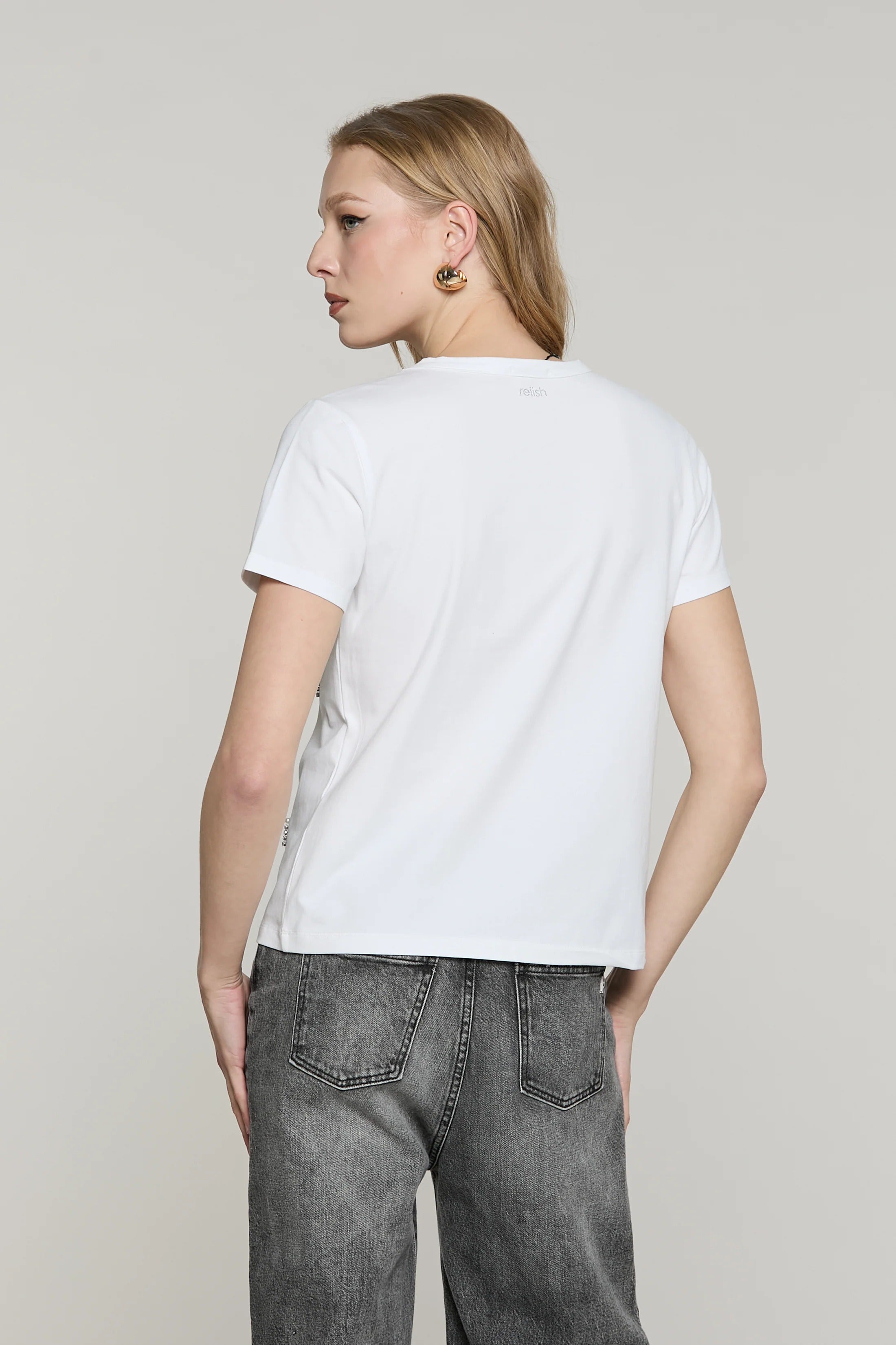 T-shirt CREW mezza manica con applicazione pioggia pietre più perle bianca RDA2601016002 1100 RELISH 