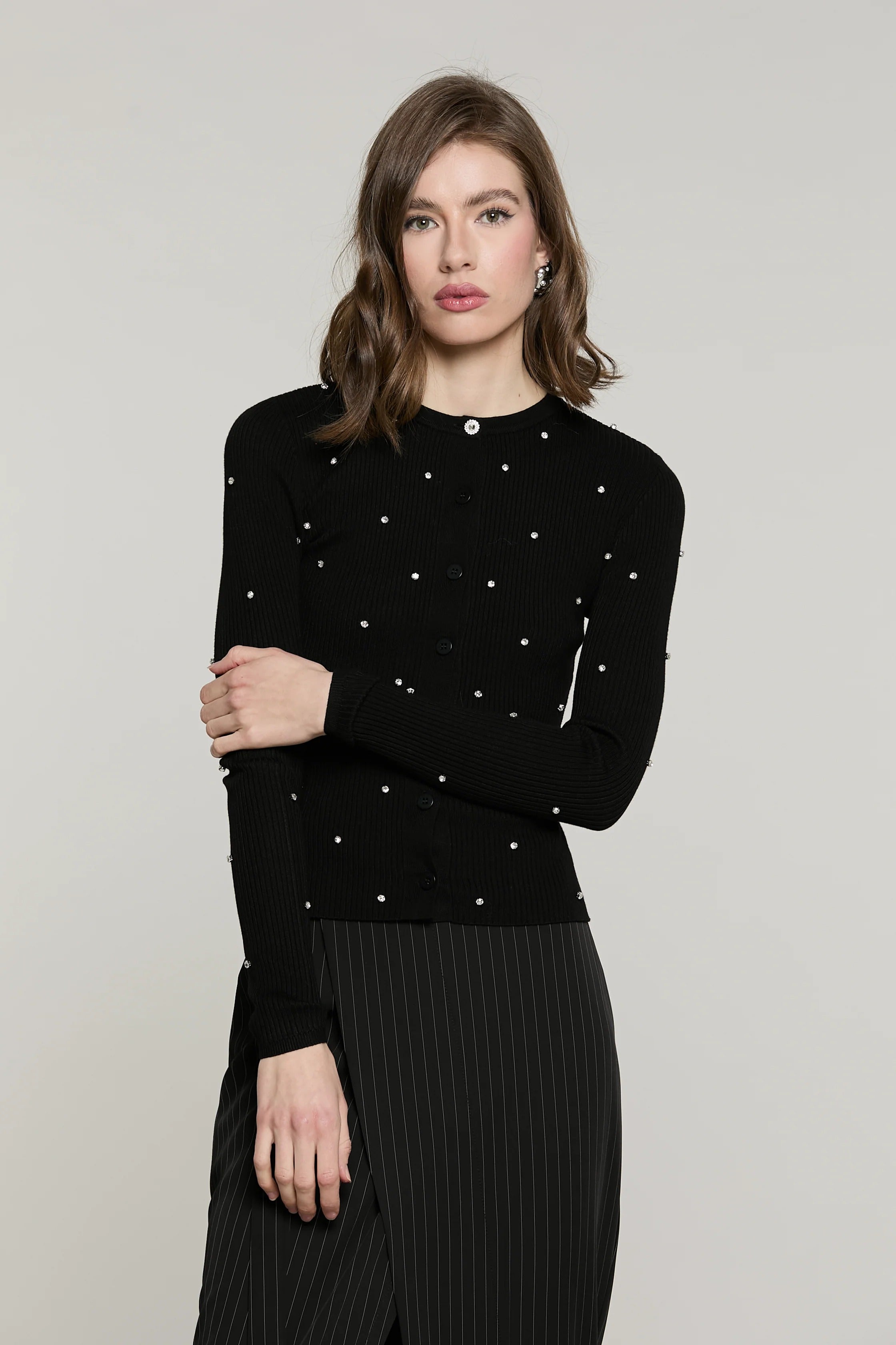 Cardigan FORD manica lunga con strass più bottone gioiello nero RDA2602054043 1199 RELISH 