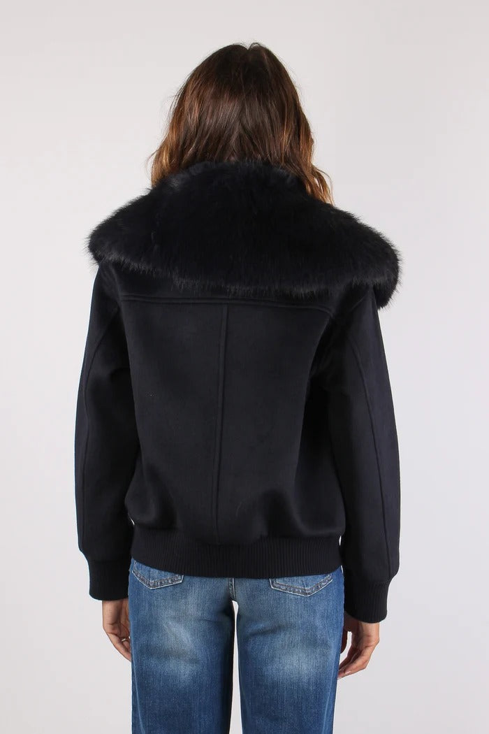 Cappotto SAEZ corto manica lunga con bordi costa con ts più patte più zip più collo ecopelliccia staccabile blue navy RDA2605112016 1703 RELISH 