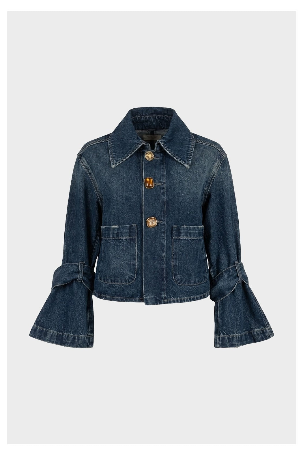 VICOLO Giubbino jeans blu per donna con linea cropped, maniche a campana e fiocchi sui polsi. DAC5100 DENIM BLU VICOLO 