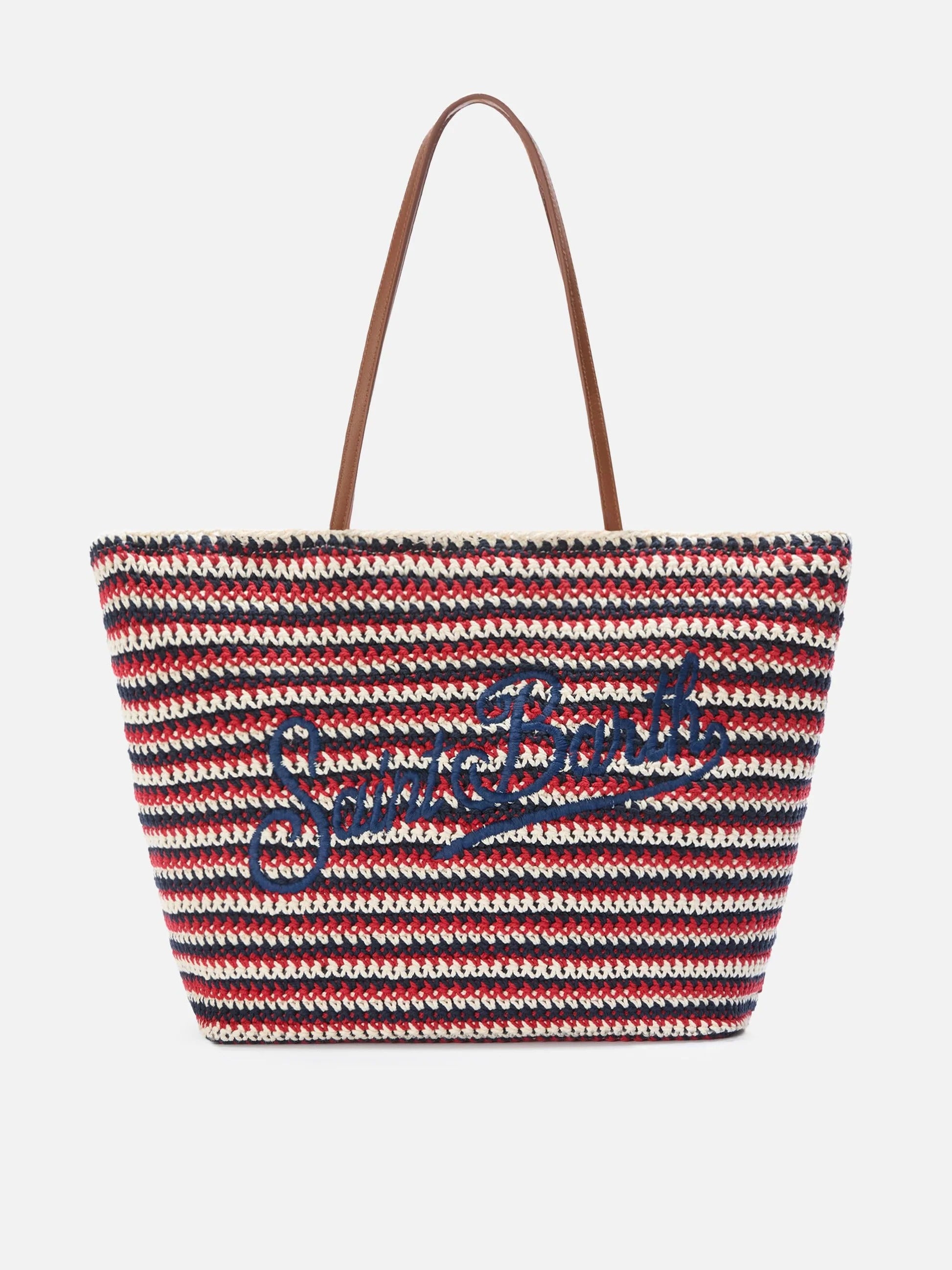 Borsa Tote Crochet a righe blu e rosse con logo ricamato CRO0007L 00593L MC2 SAINT BARTH 