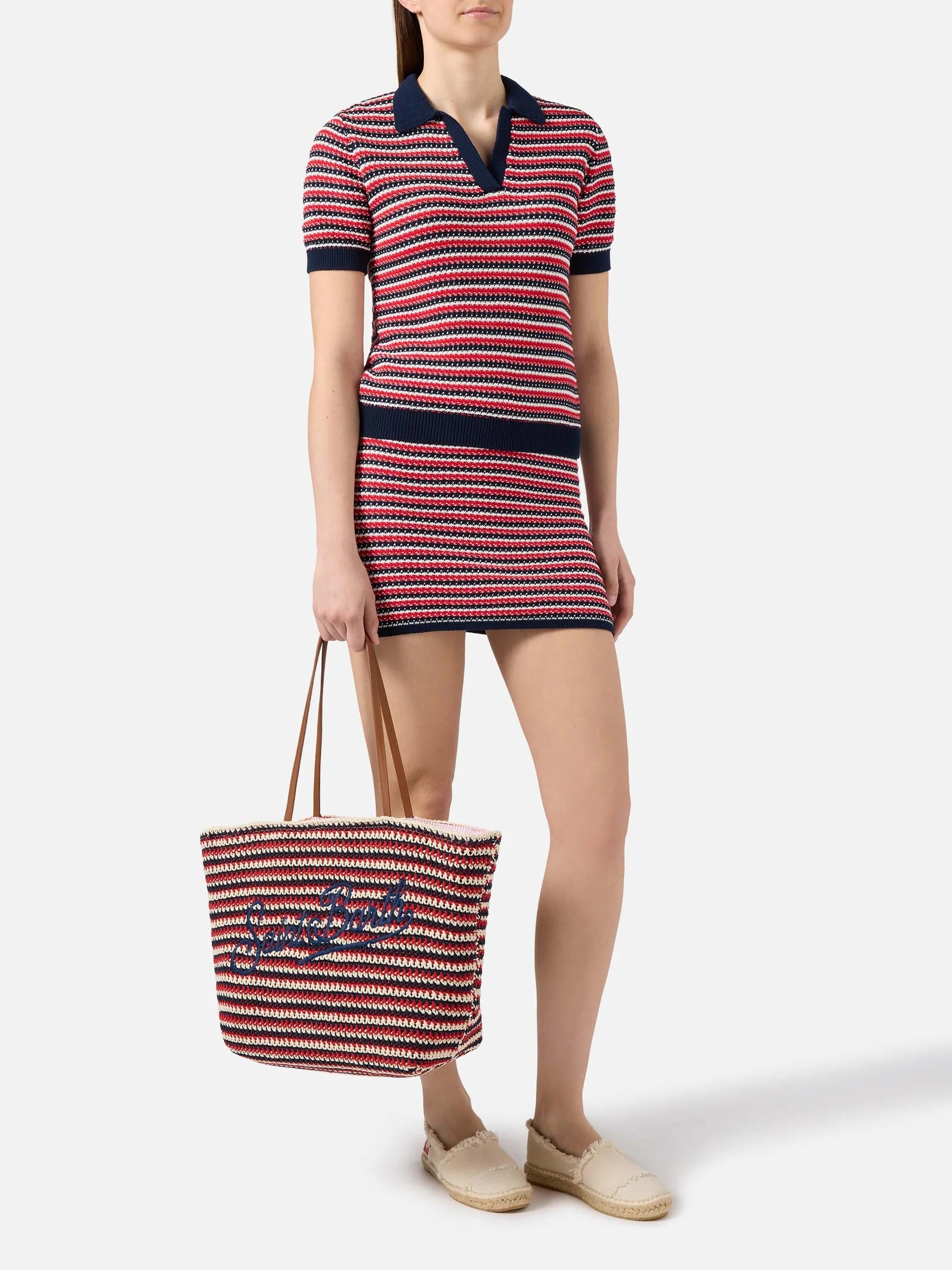 Borsa Tote Crochet a righe blu e rosse con logo ricamato CRO0007L 00593L MC2 SAINT BARTH 