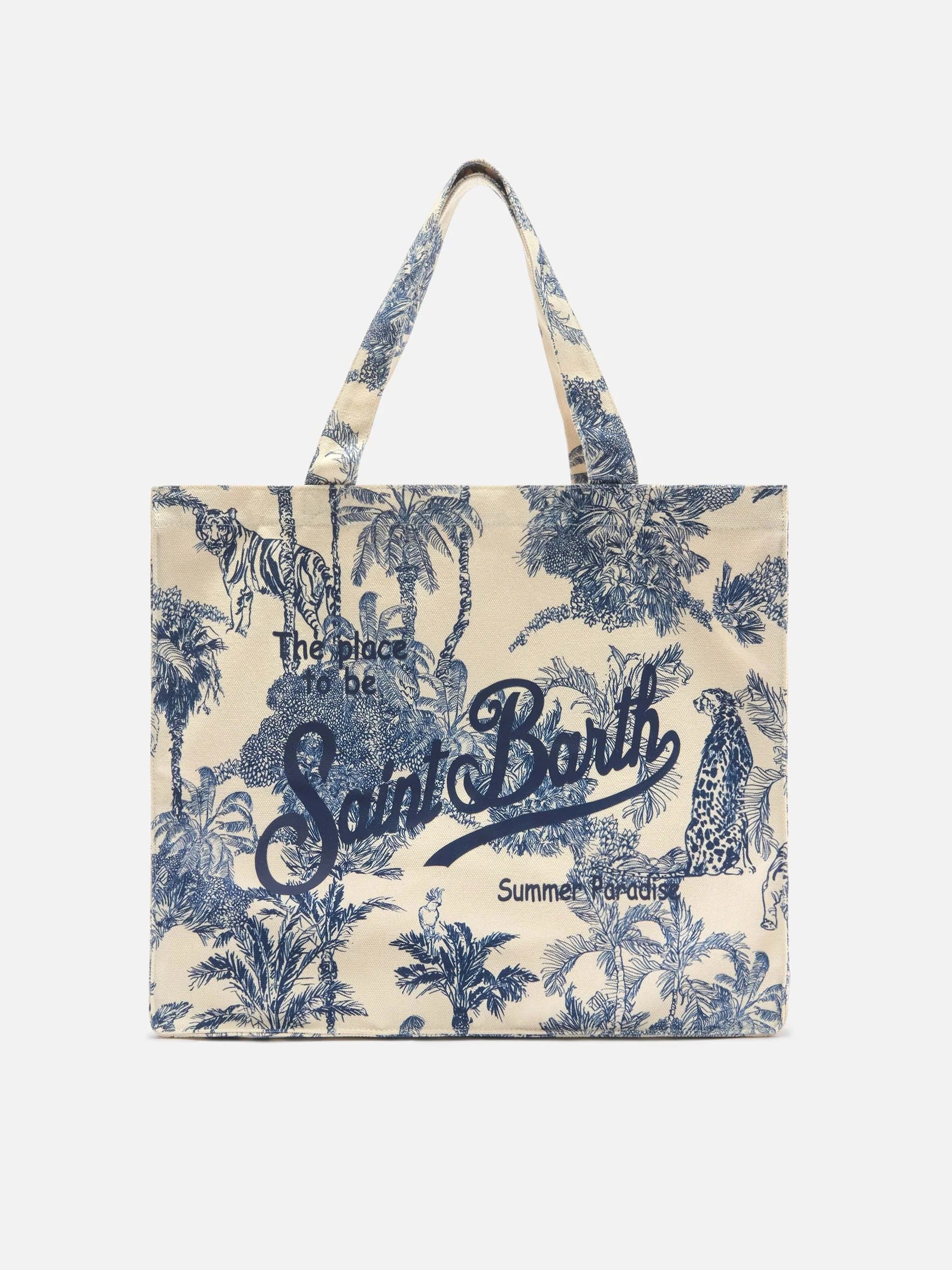 Borsa Essential in canvas con stampa toile de jouy blu e logo stampato EBAGN007 02156L MC2 SAINT BARTH 