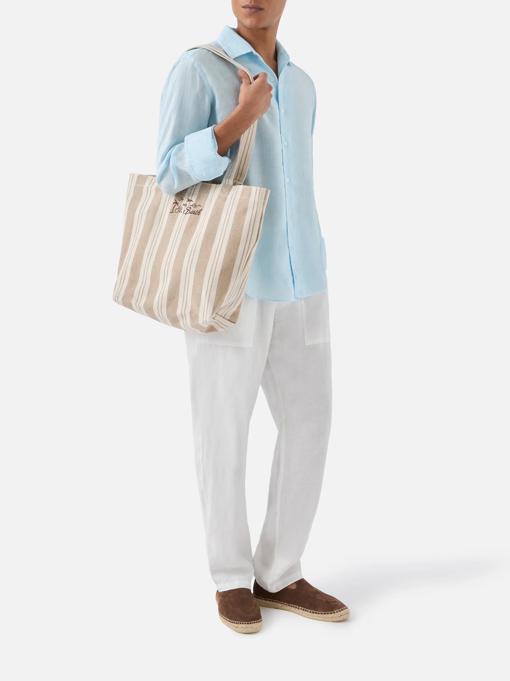 Borsa tote Essential Beach in cotone a righe beige e bianche EBEC001 01102L MC2 SAINT BARTH 