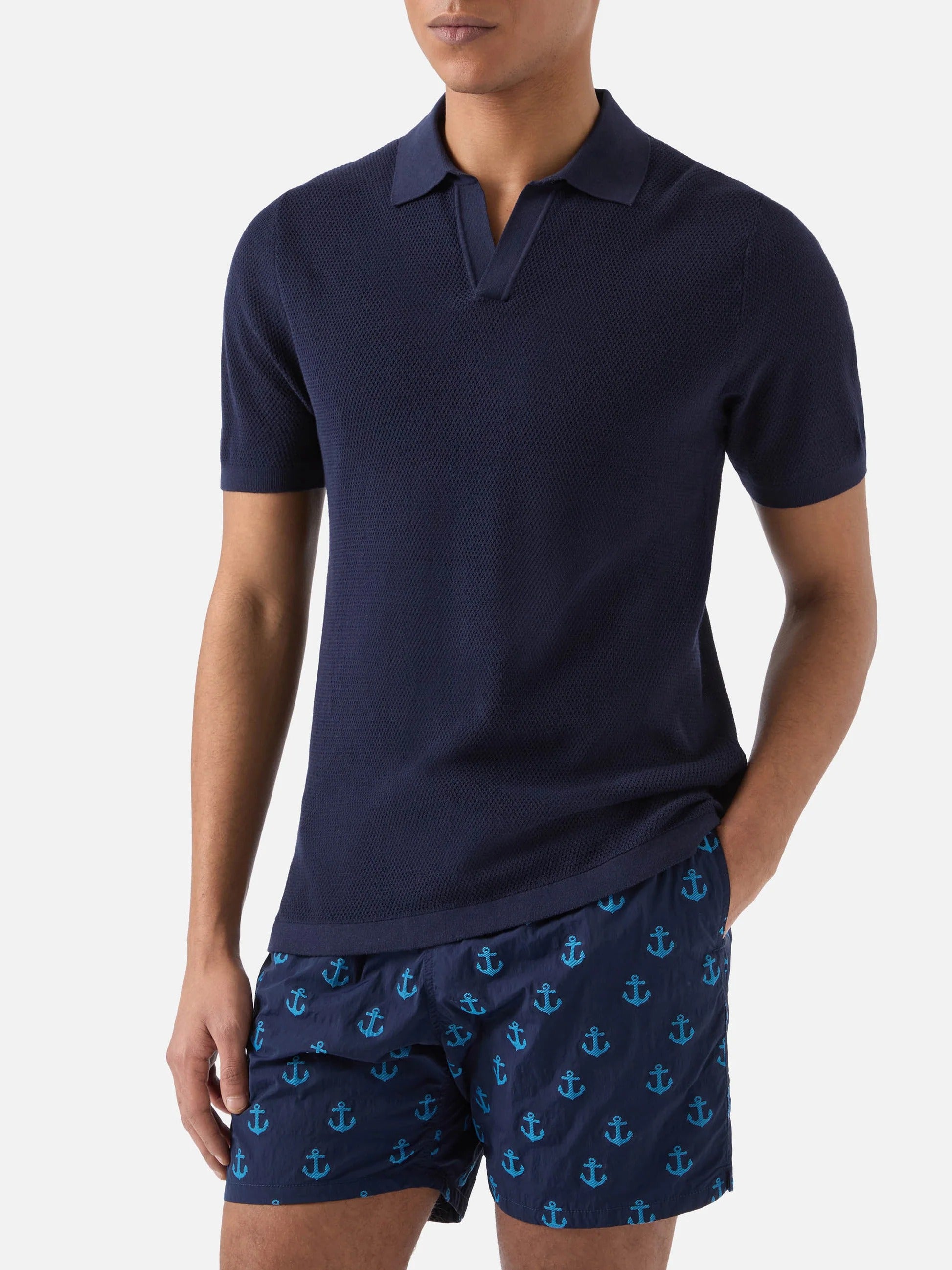 Polo Sloan Mesh in cotone pregiato high twist tinta unita blu SLO0009 00097L MC2 SAINT BARTH 