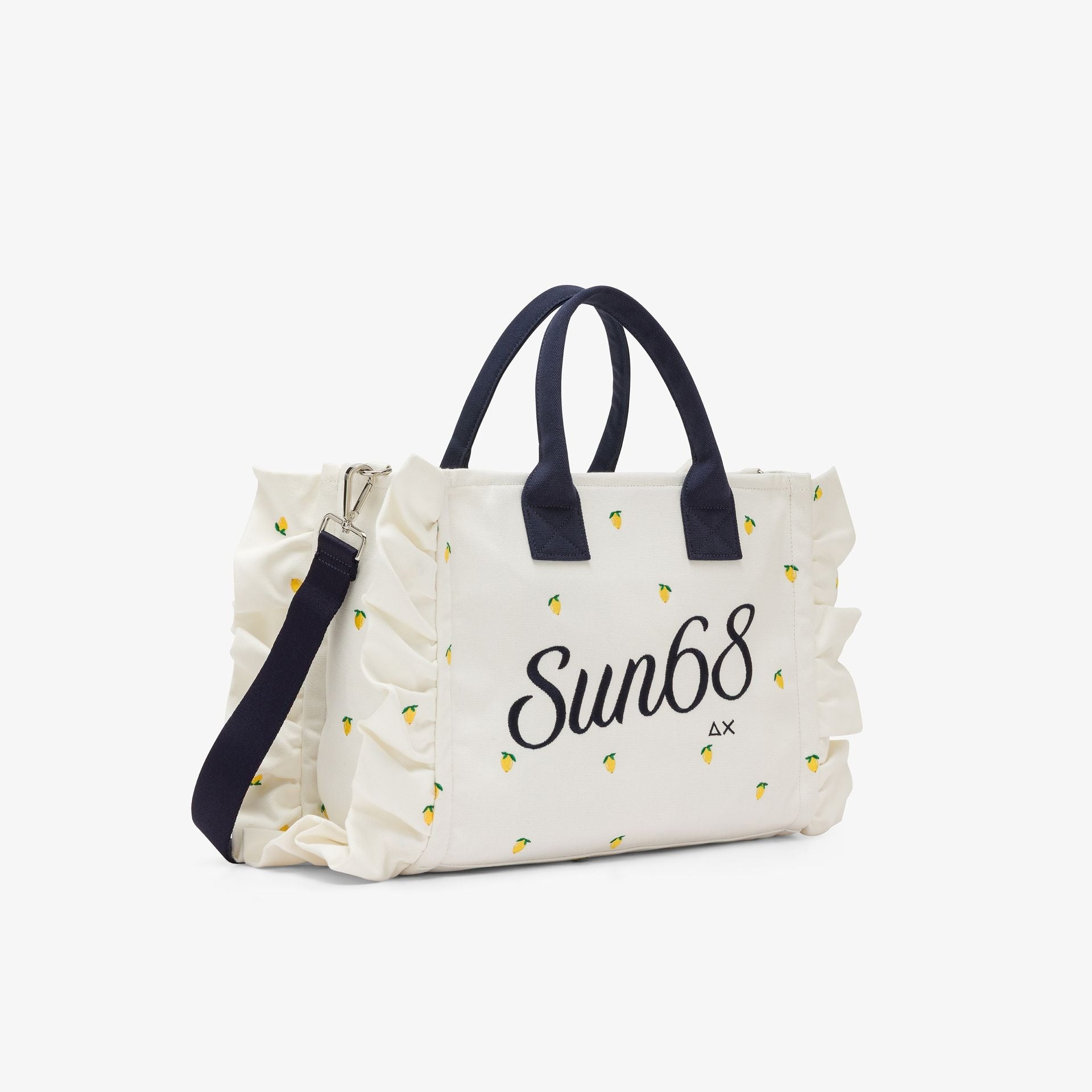 Shopping bag Cali in tela di cotone con ricami bianco panna/blu navy W36225 3107 SUN 68 