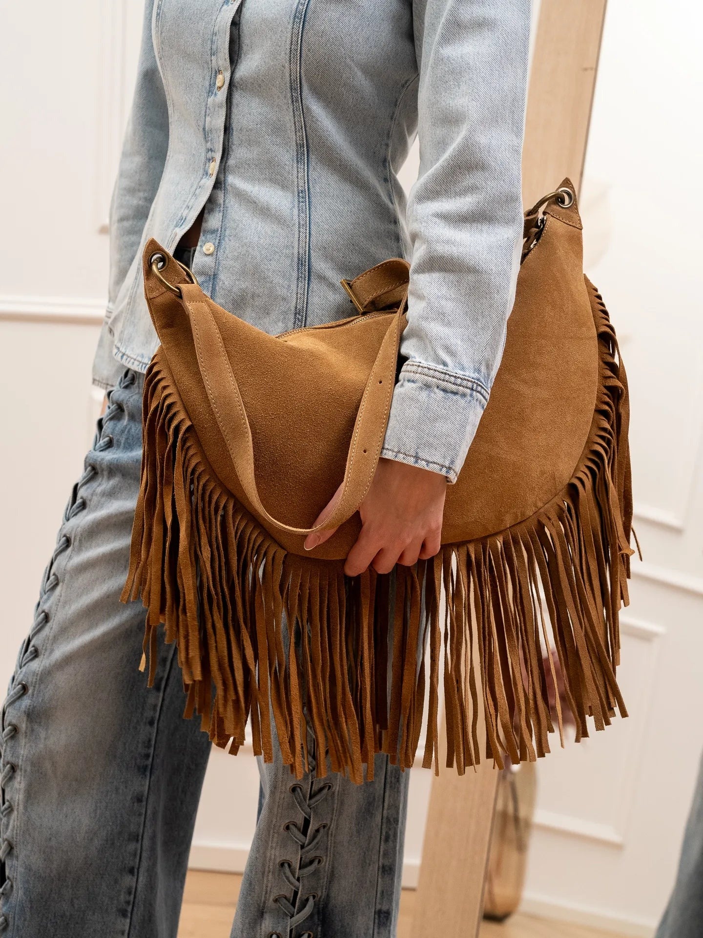 Vicolo<BR/>Borsa maxi in crosta camel con frange KAKI- Vicolo XAB0062 07 VICOLO 