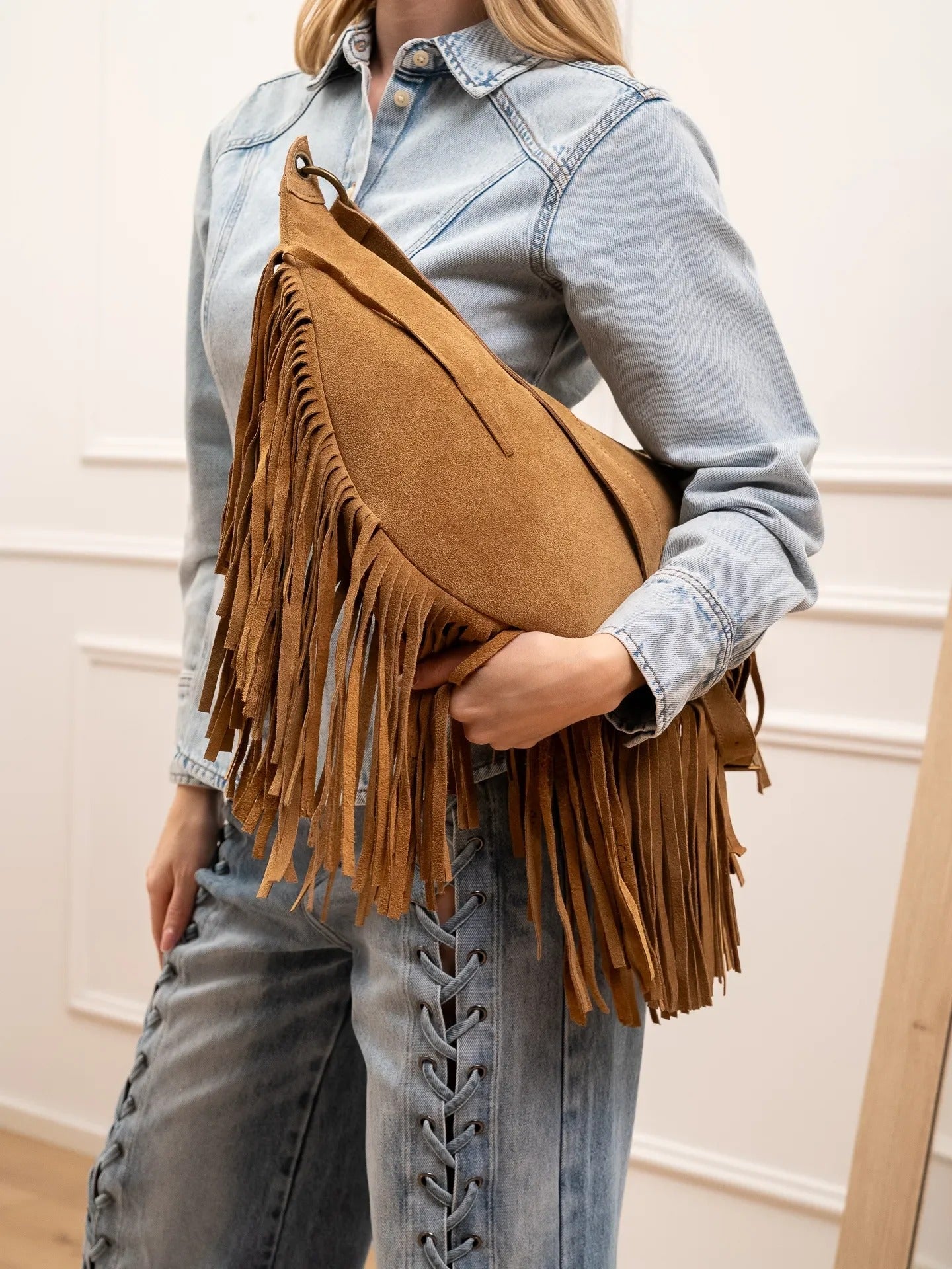 Vicolo<BR/>Borsa maxi in crosta camel con frange KAKI- Vicolo XAB0062 07 VICOLO 