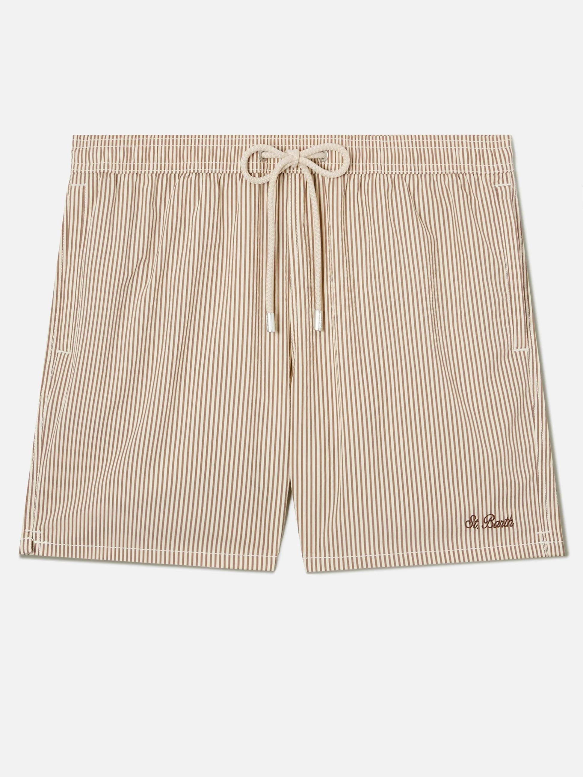 Costume mare Patmos in seersucker rigato marrone e bianco PATM001 01712L MC2 SAINT BARTH 