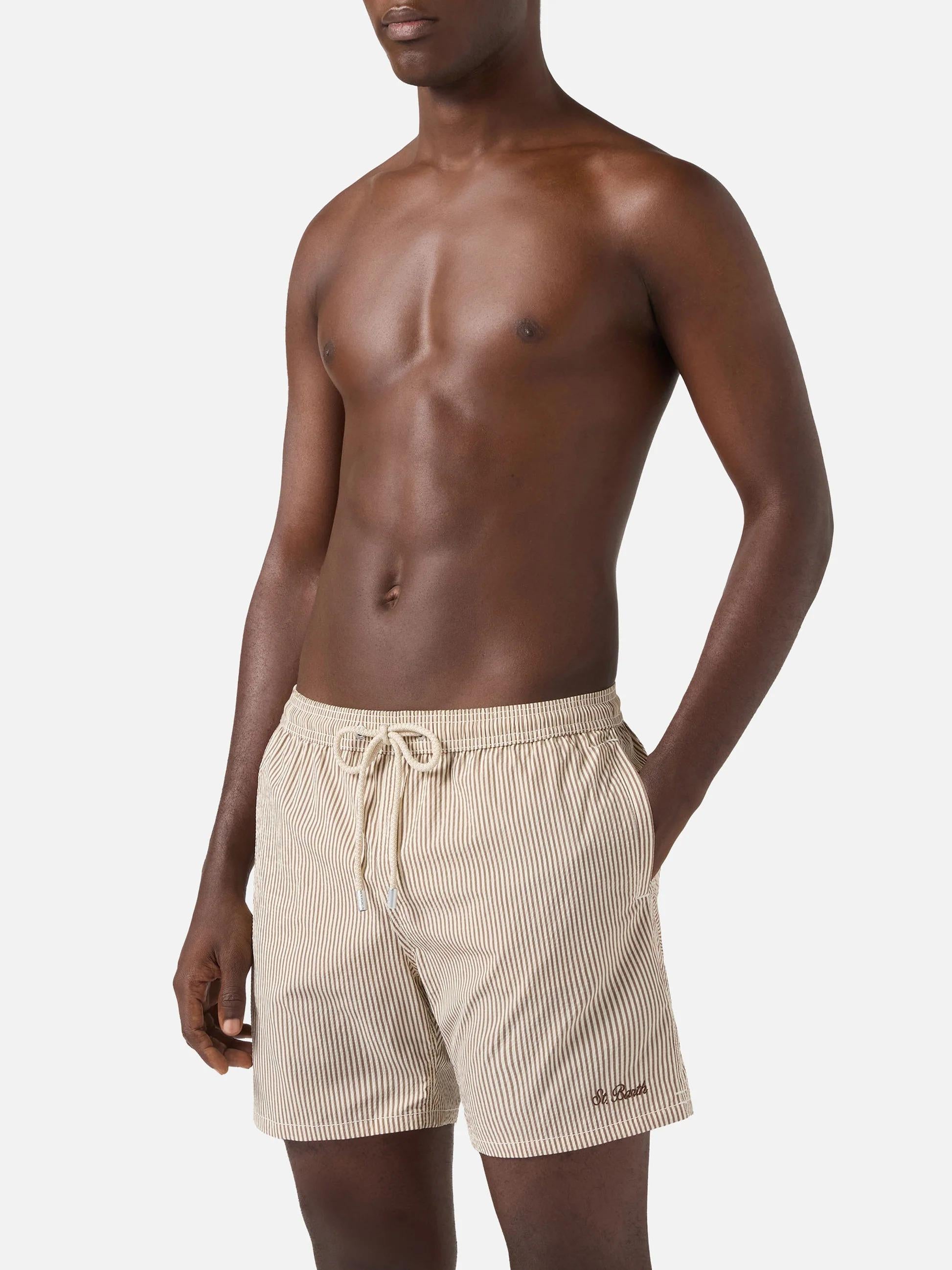Costume mare Patmos in seersucker rigato marrone e bianco PATM001 01712L MC2 SAINT BARTH 