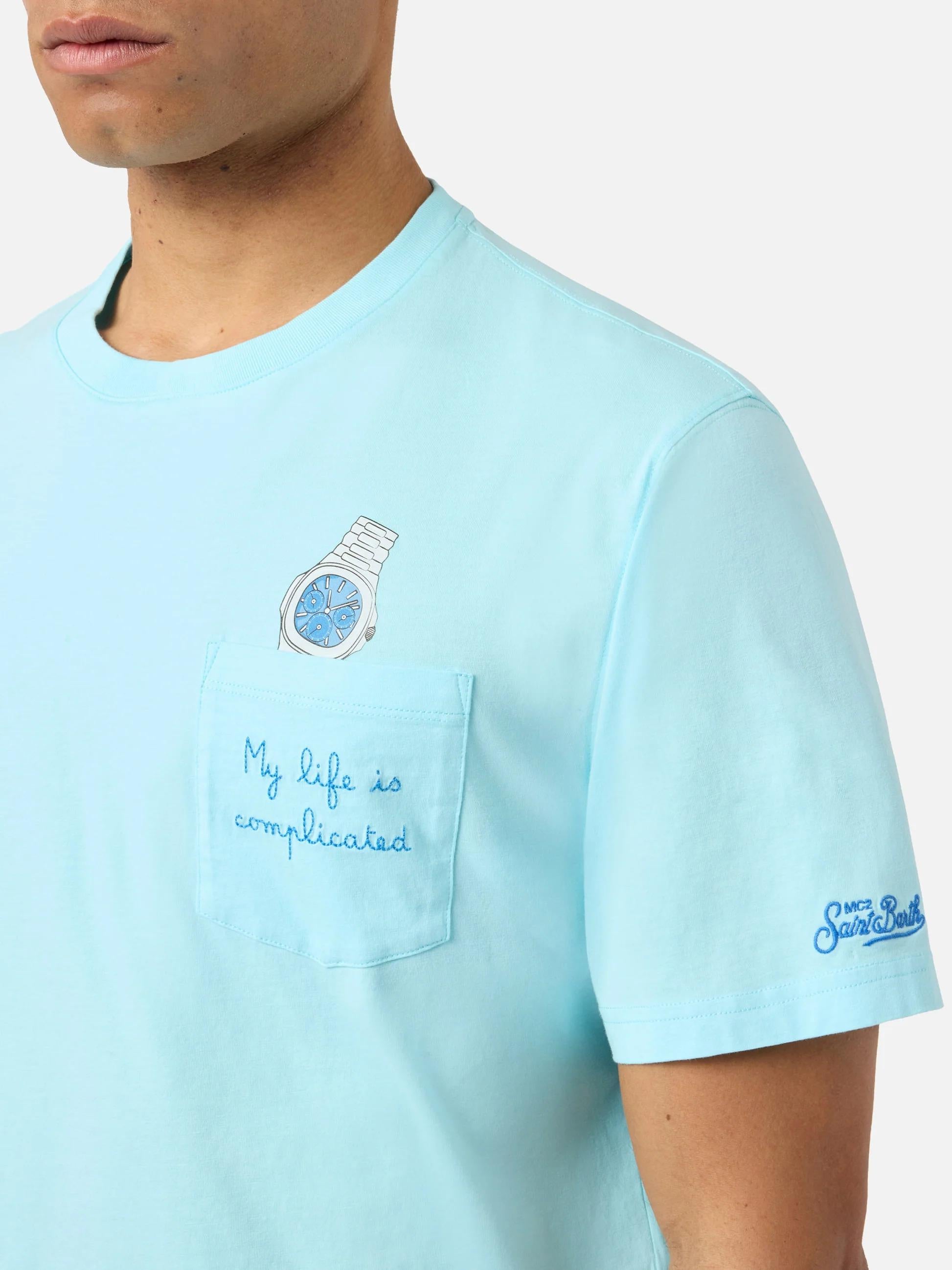 T-shirt Austin azzurra con orologio e ricamo My Life Is Complicated AUS0001 04347L MC2 SAINT BARTH 